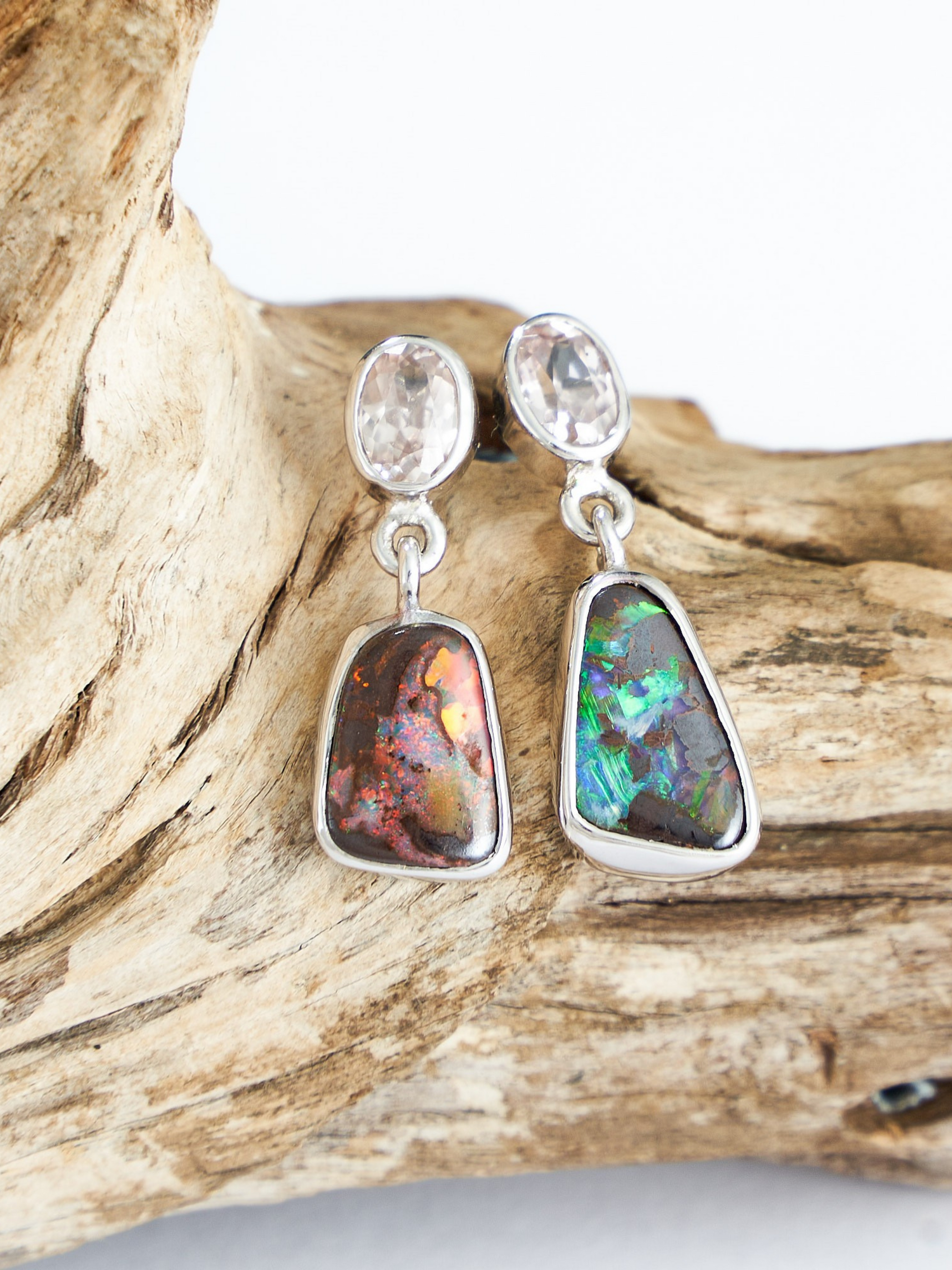 Boulder Opal Abstract and Pink Zircon Silver Drop Earrings
