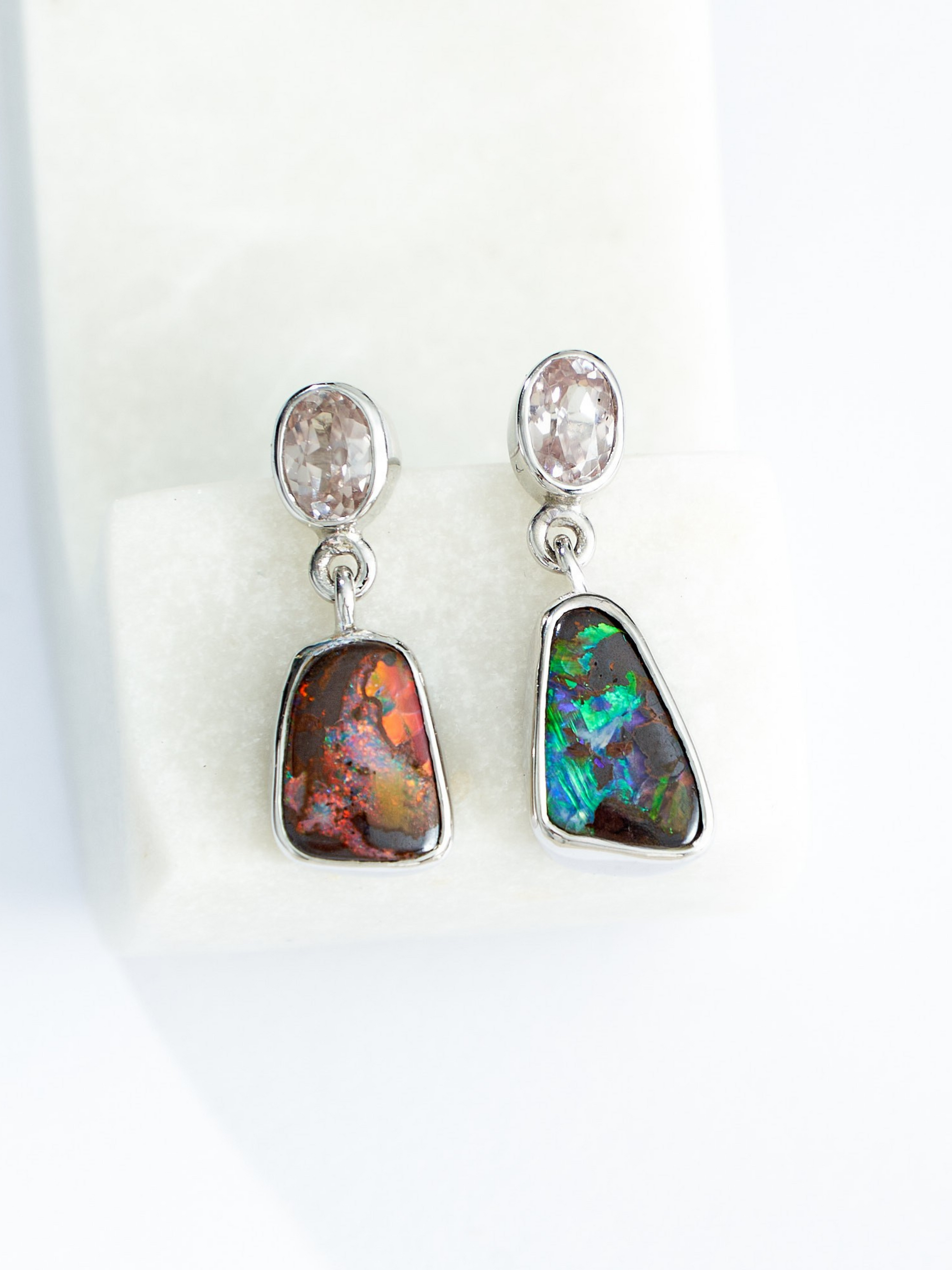 Boulder Opal Abstract and Pink Zircon Silver Drop Earrings