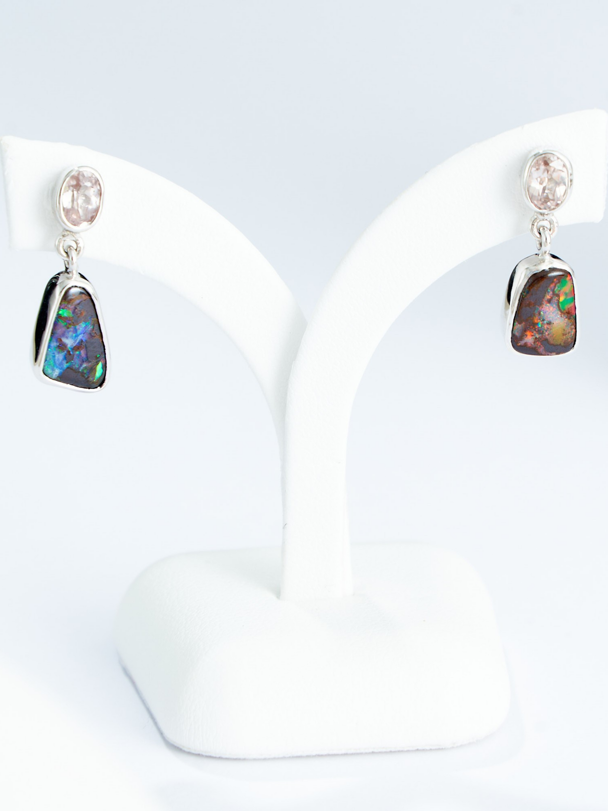 Boulder Opal Abstract and Pink Zircon Silver Drop Earrings
