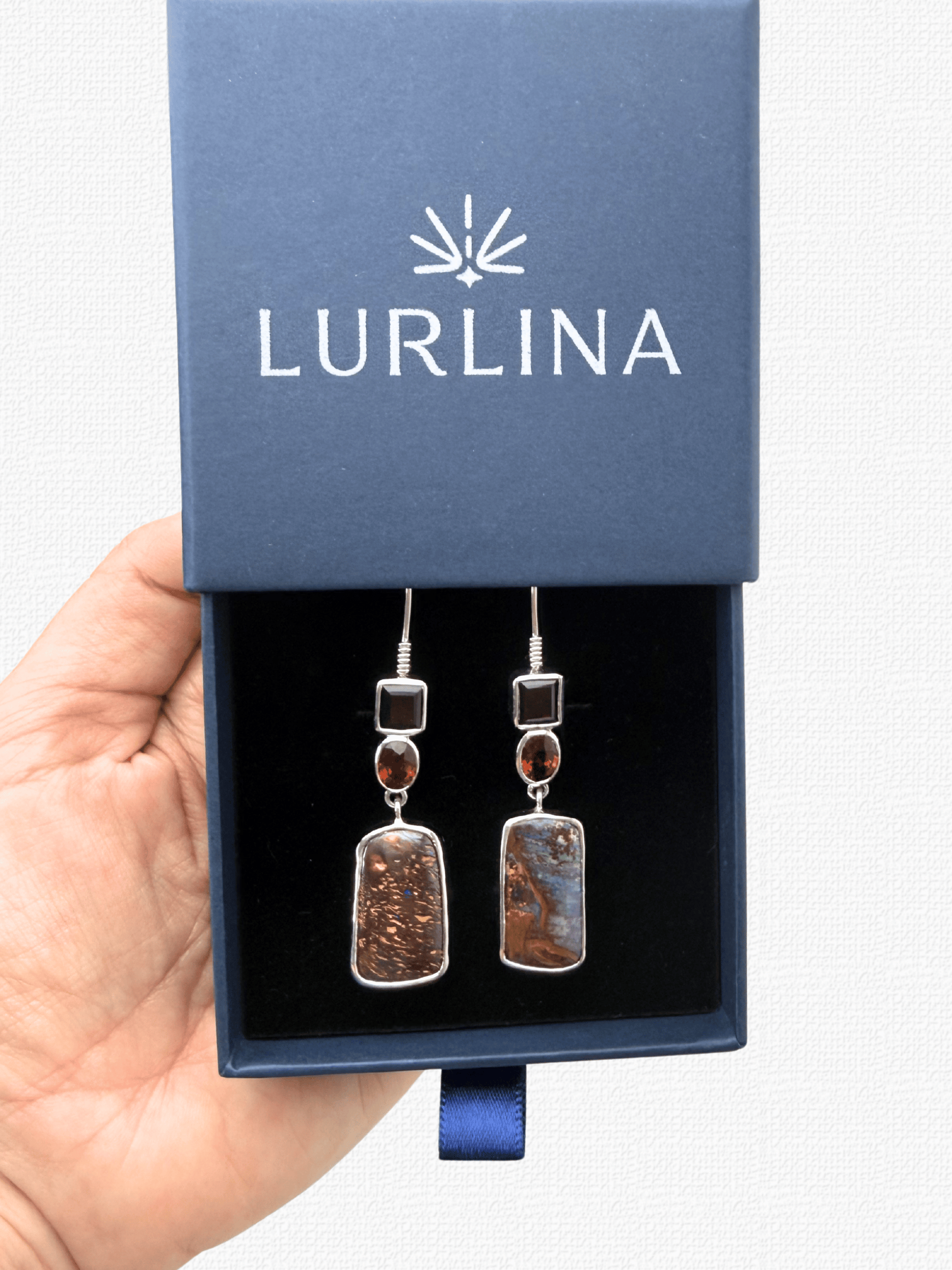 Boulder Opal, Pyrope and Hessonite Garnet Silver Hook Earrings