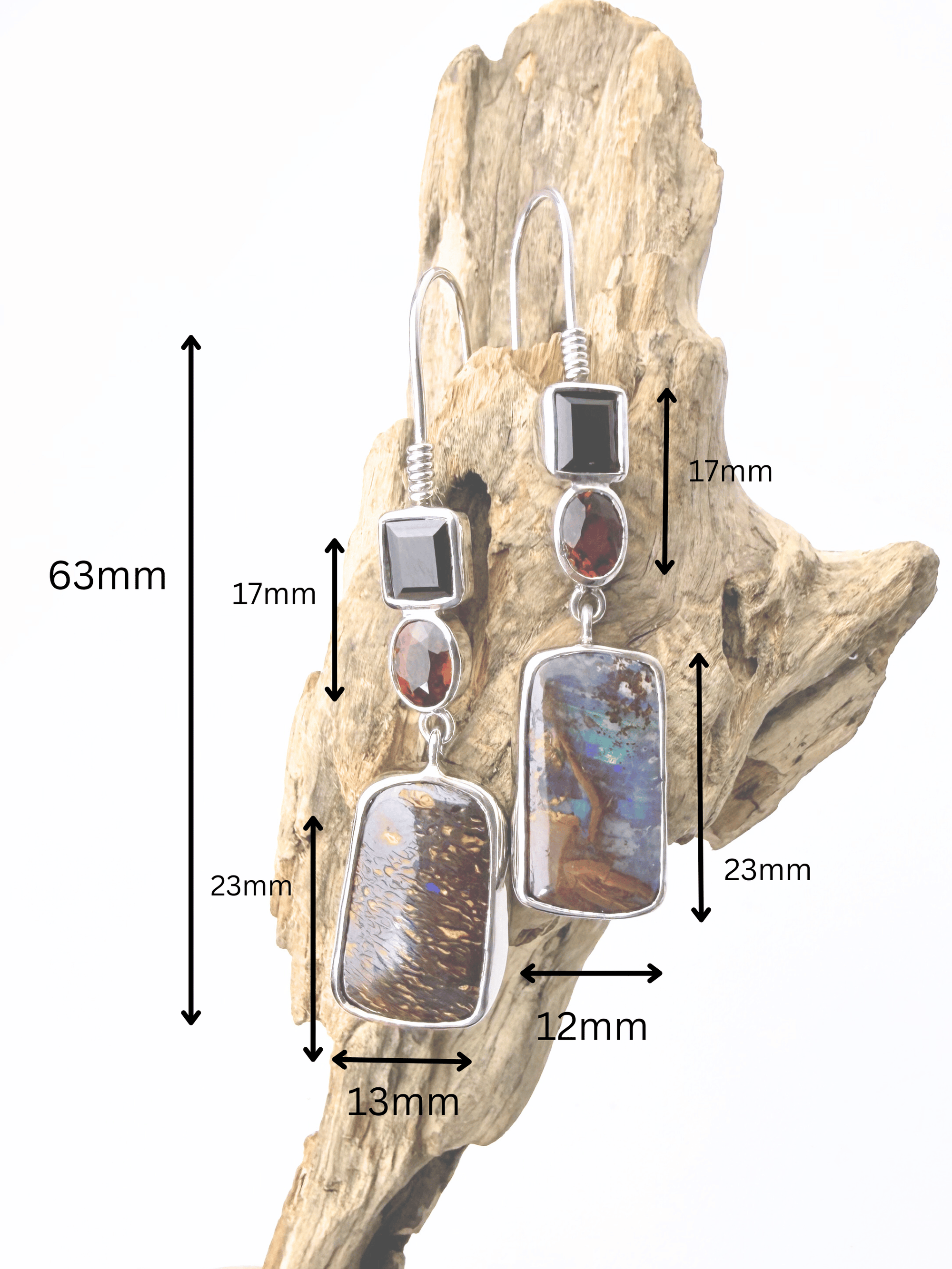 Boulder Opal, Pyrope and Hessonite Garnet Silver Hook Earrings