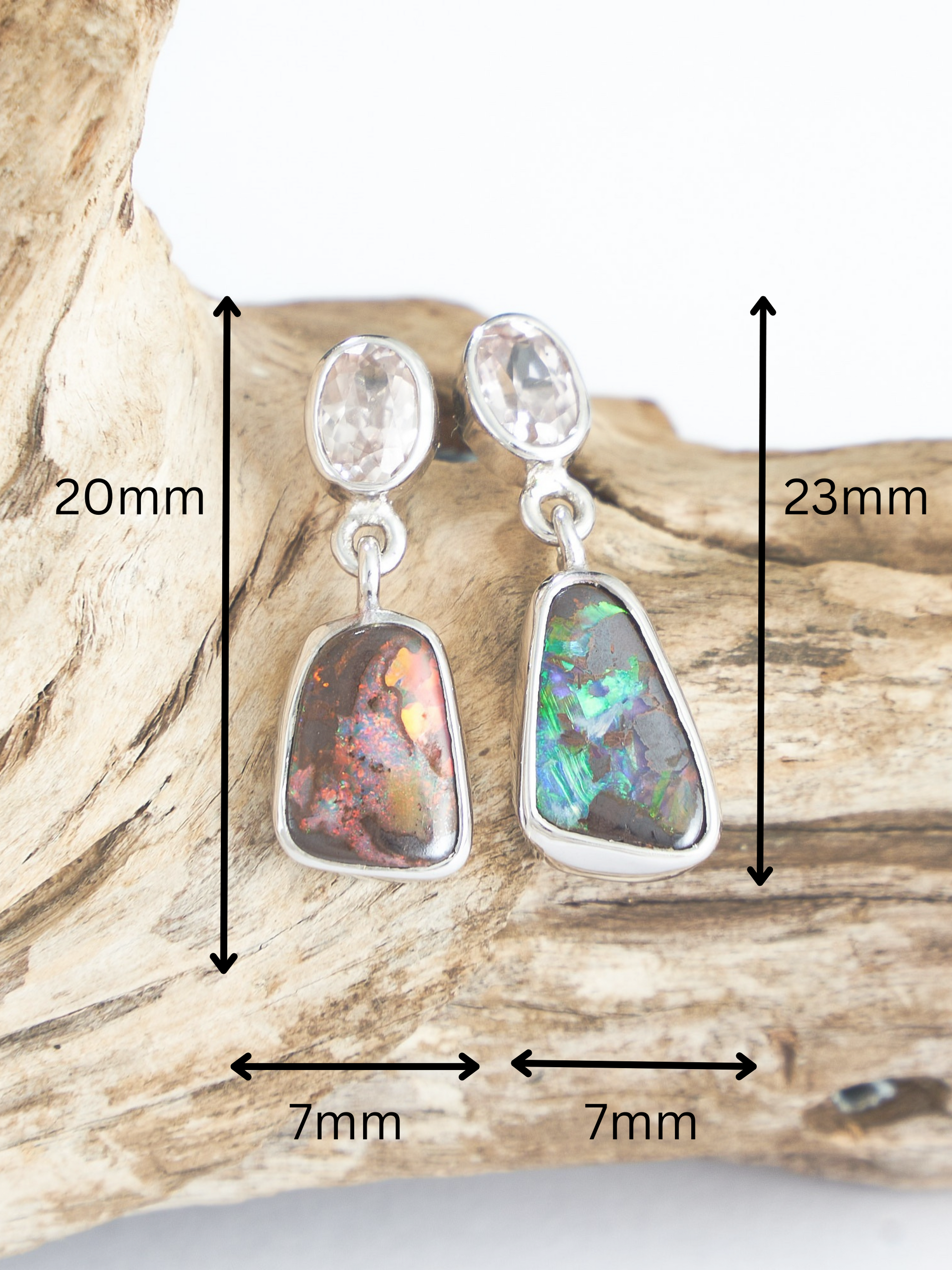 Boulder Opal Abstract and Pink Zircon Silver Drop Earrings