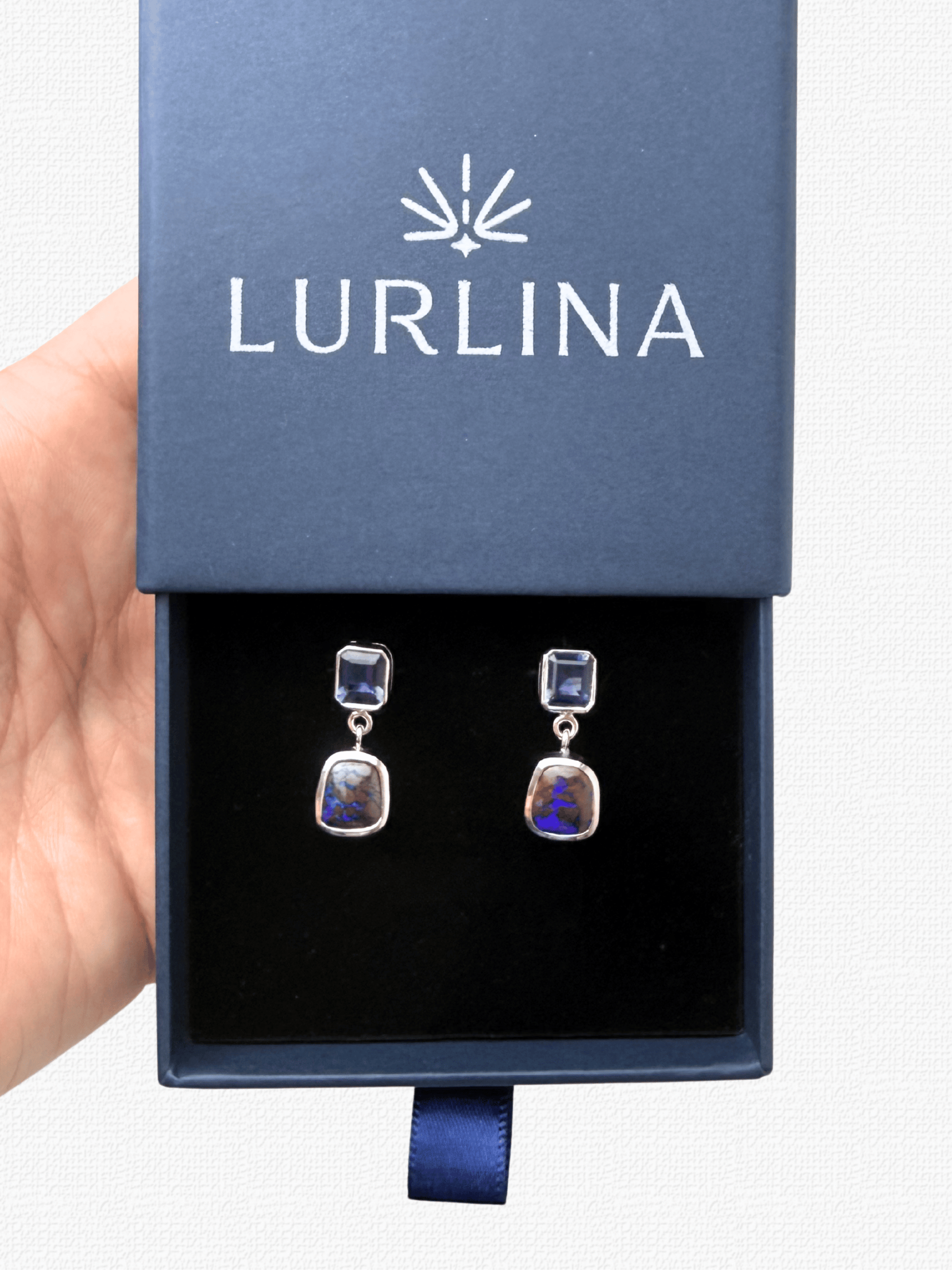 Boulder Opal and Royal Blue Sapphire Drop Silver Earrings