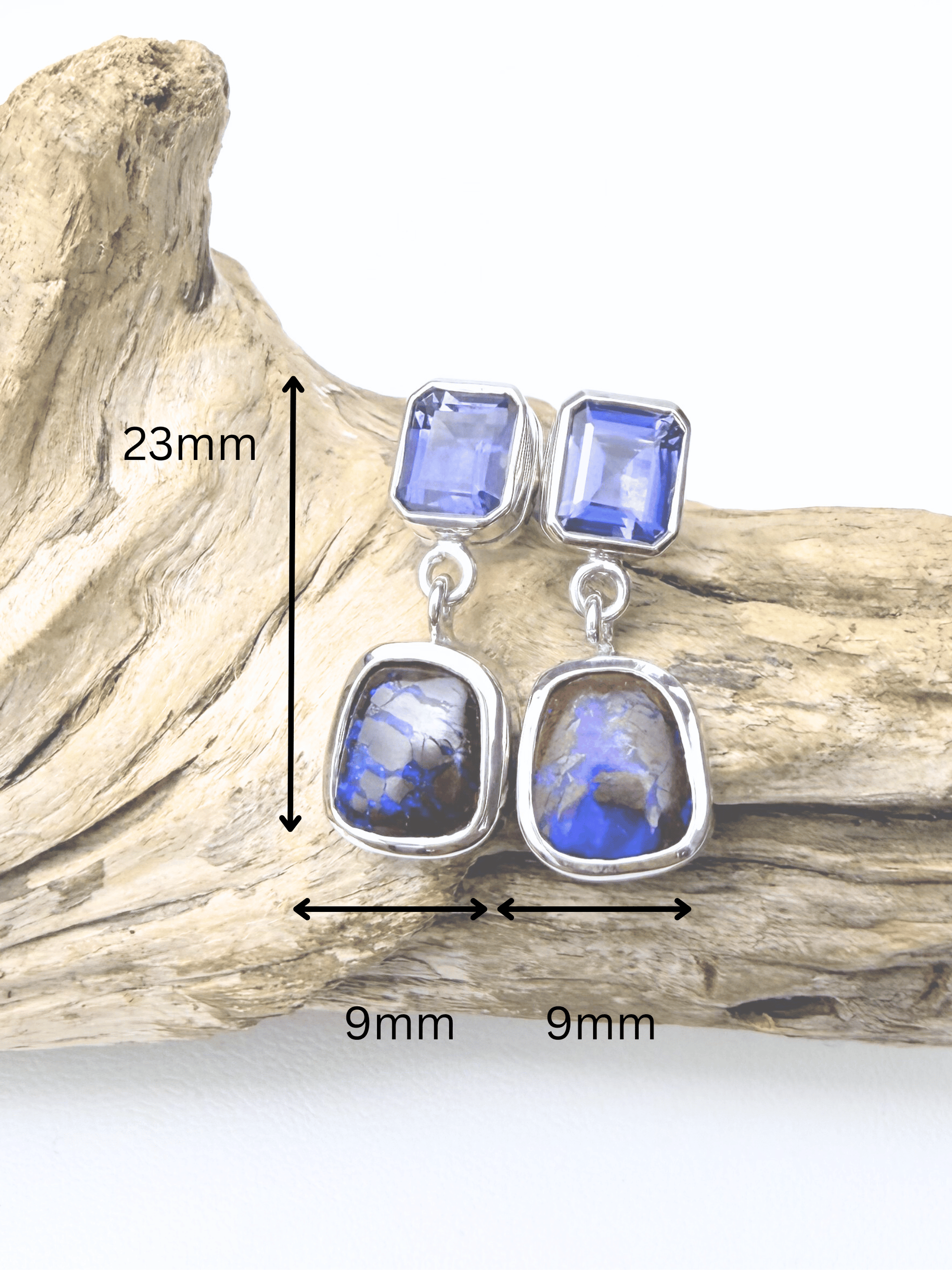 Boulder Opal and Royal Blue Sapphire Drop Silver Earrings