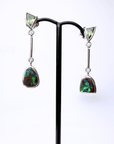 Boulder Opal and Green Trilliant Sapphire Dangle Silver Earrings