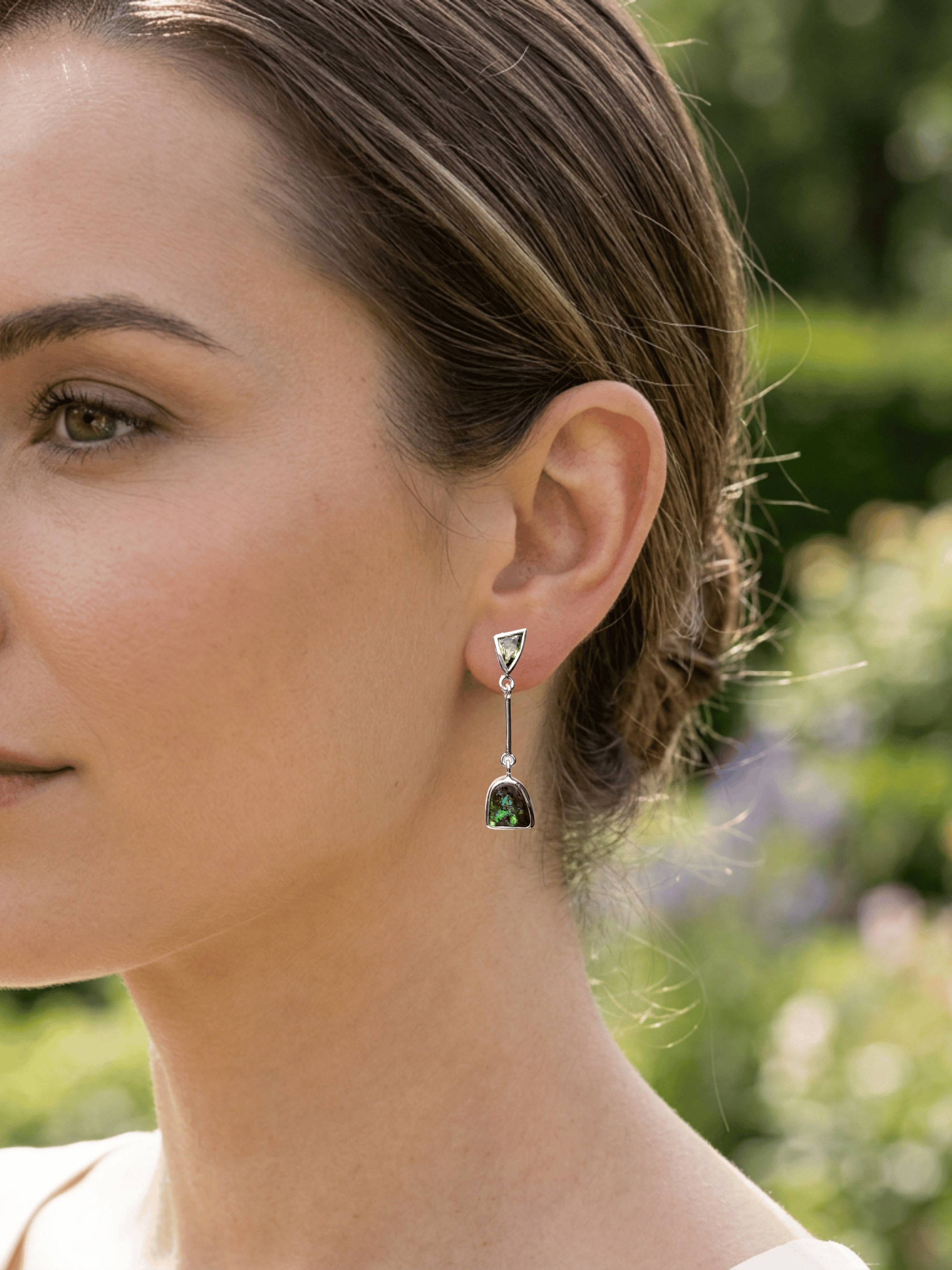 Boulder Opal and Green Trilliant Sapphire Dangle Silver Earrings