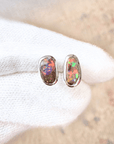Boulder Opal Red Sparkle Silver Stud Earrings
