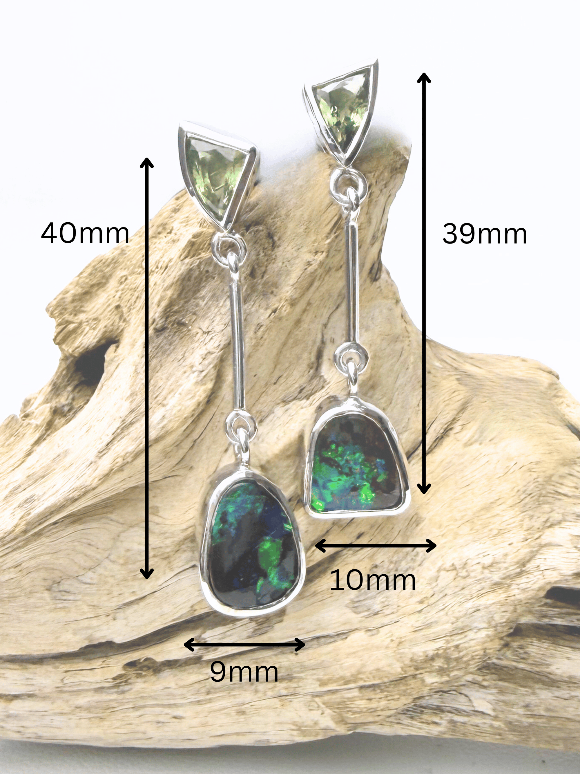 Boulder Opal and Green Trilliant Sapphire Dangle Silver Earrings