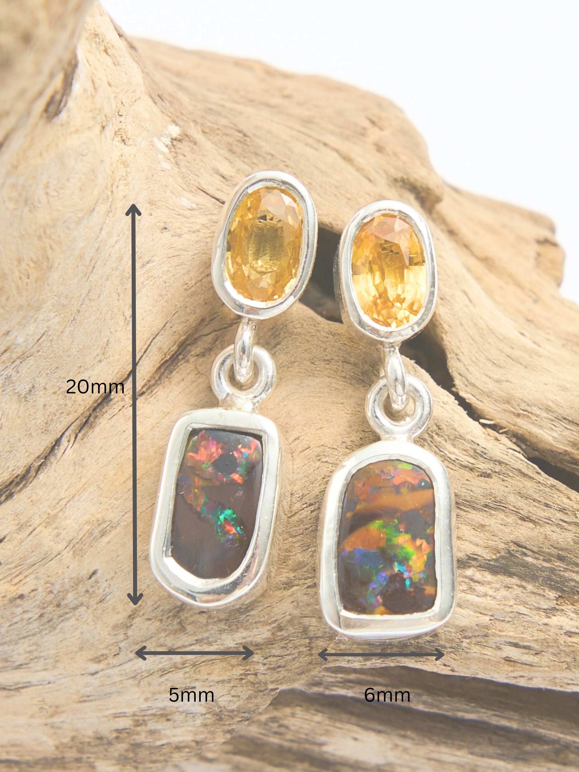 Boulder Opal and Yellow Sapphire Silver Drop Earrings