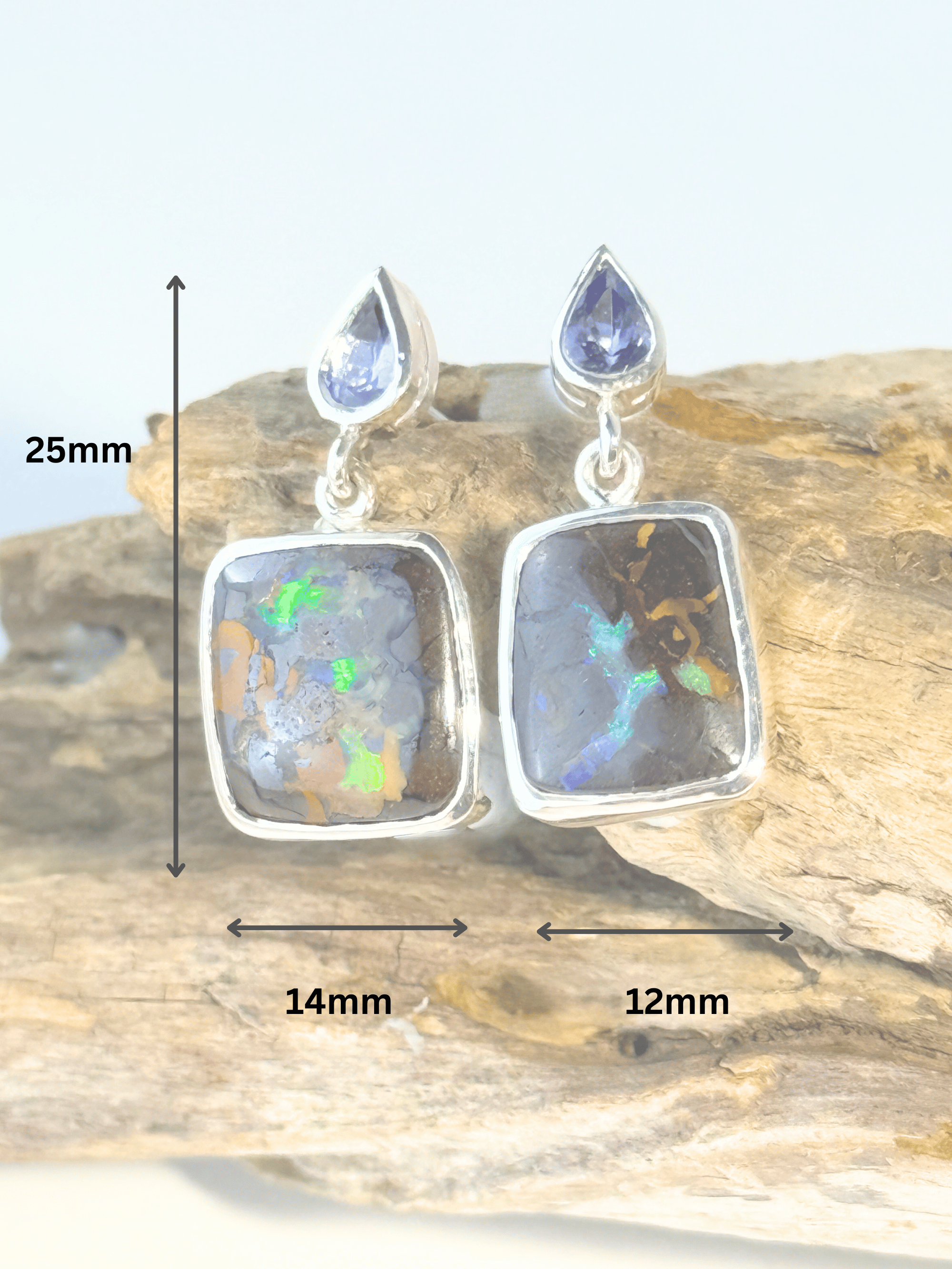 Boulder Opal and Pear-cut Tanzanite Silver Drop Earrings