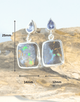 Boulder Opal and Pear-cut Tanzanite Silver Drop Earrings