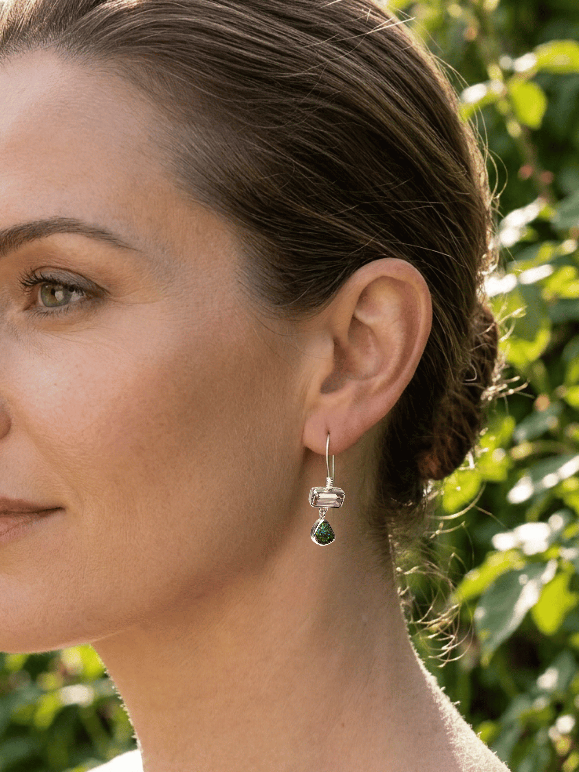 Boulder Opal and Bi-colour Tourmaline Silver Hook Earrings