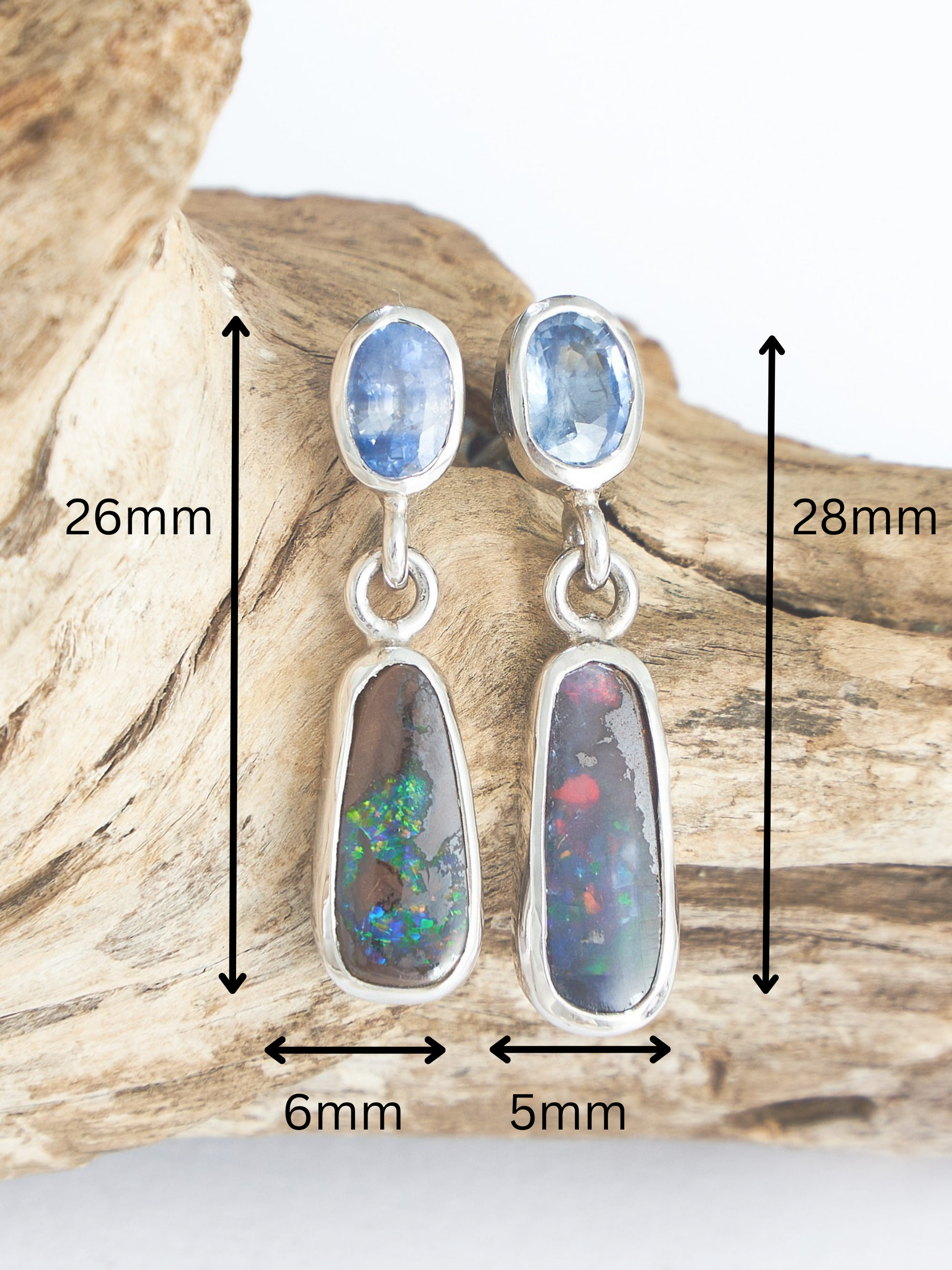 Boulder Opal and Pale Blue Sapphire Silver Drop Earrings
