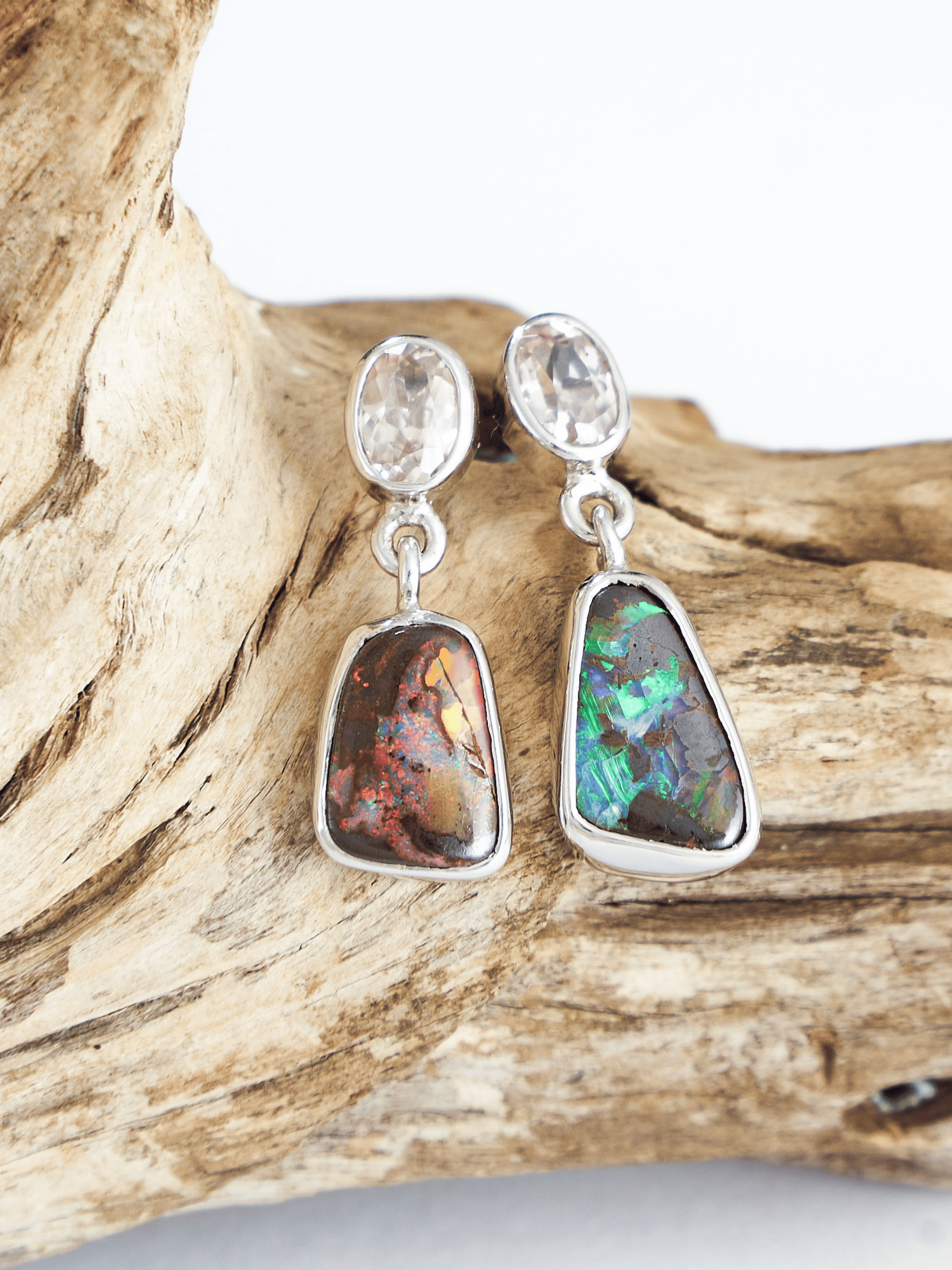 Australian Boulder Opal Abstract Drop Silver Earrings with Pink Zircons