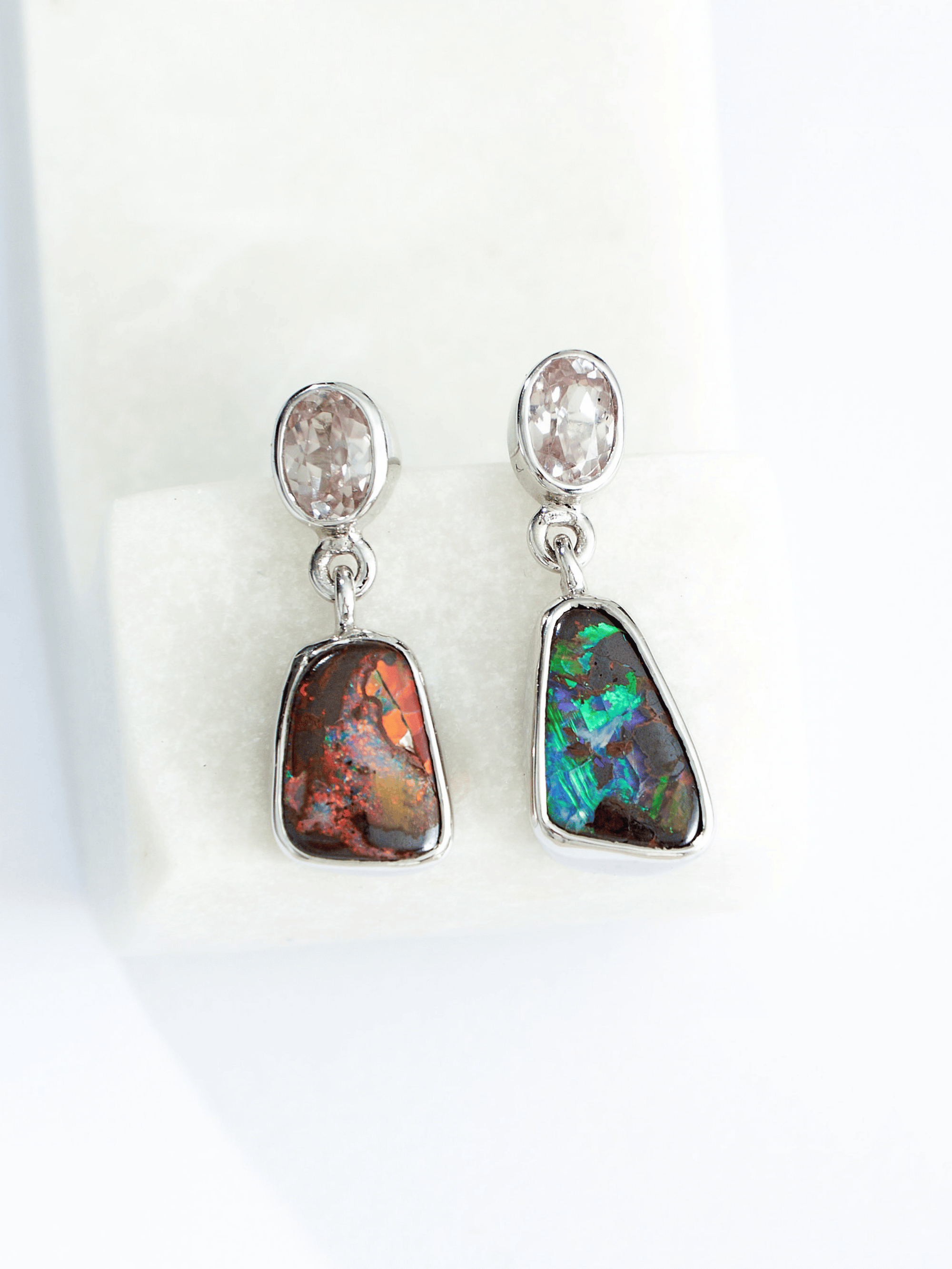 Australian Boulder Opal Abstract Drop Silver Earrings with Pink Zircons