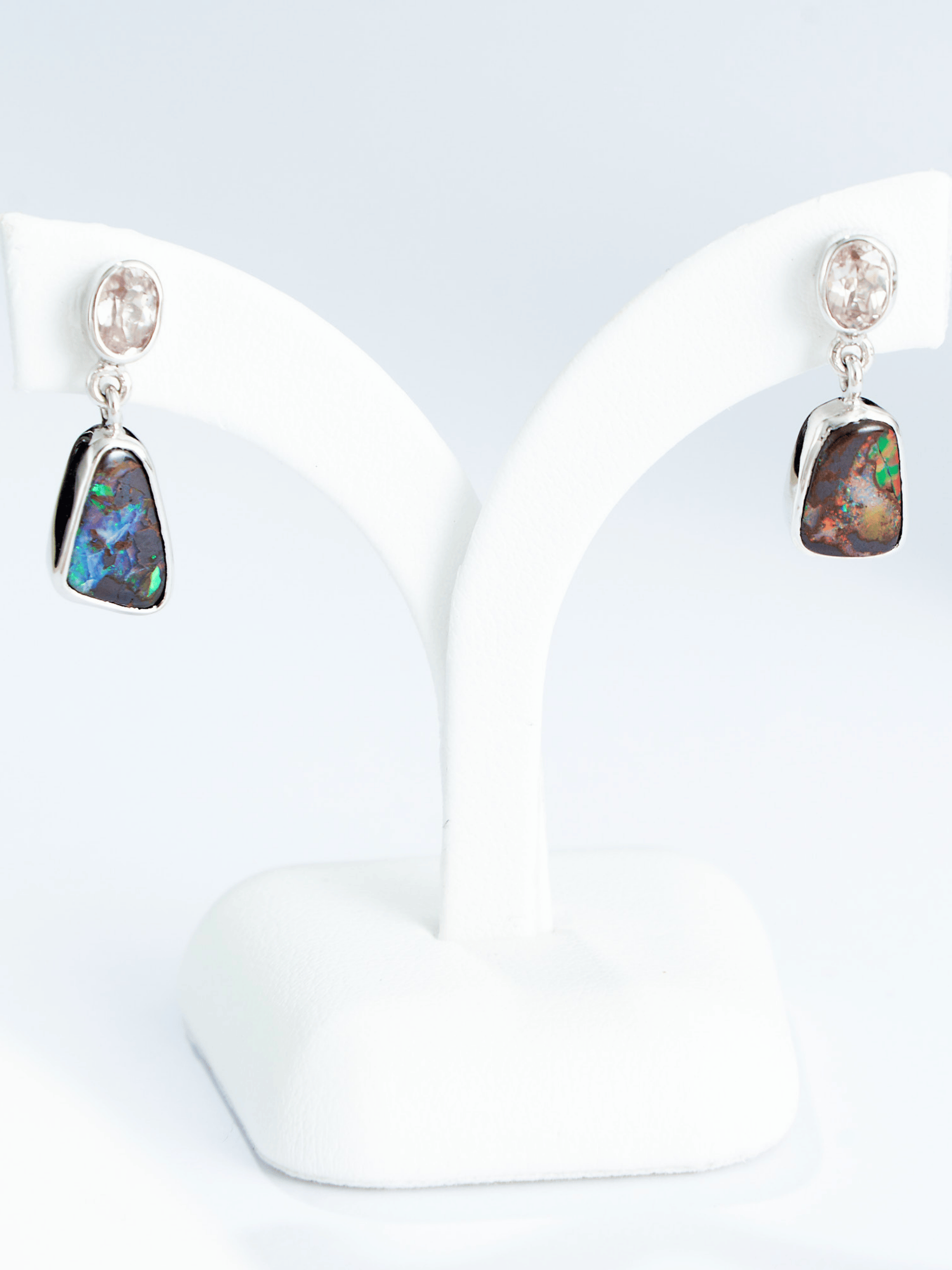 Australian Boulder Opal Abstract Drop Silver Earrings with Pink Zircons1