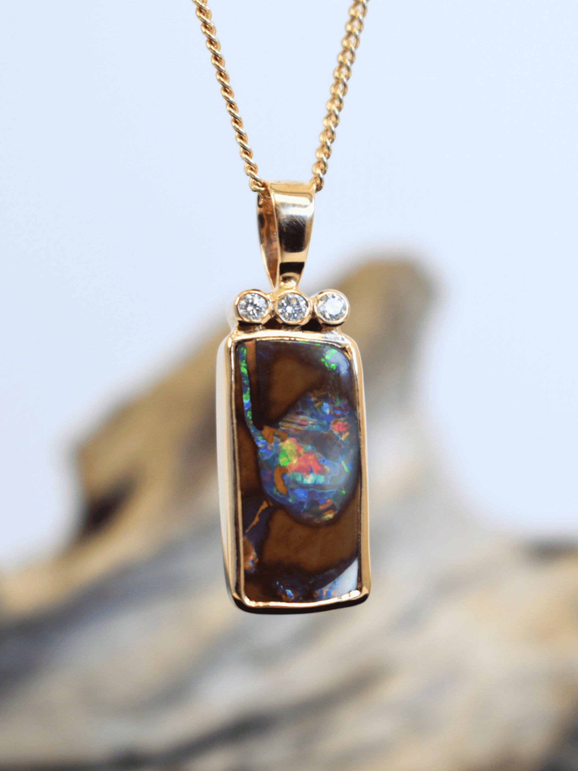 Australian Boulder Opal Diamonds Yellow 18k Gold Pendant