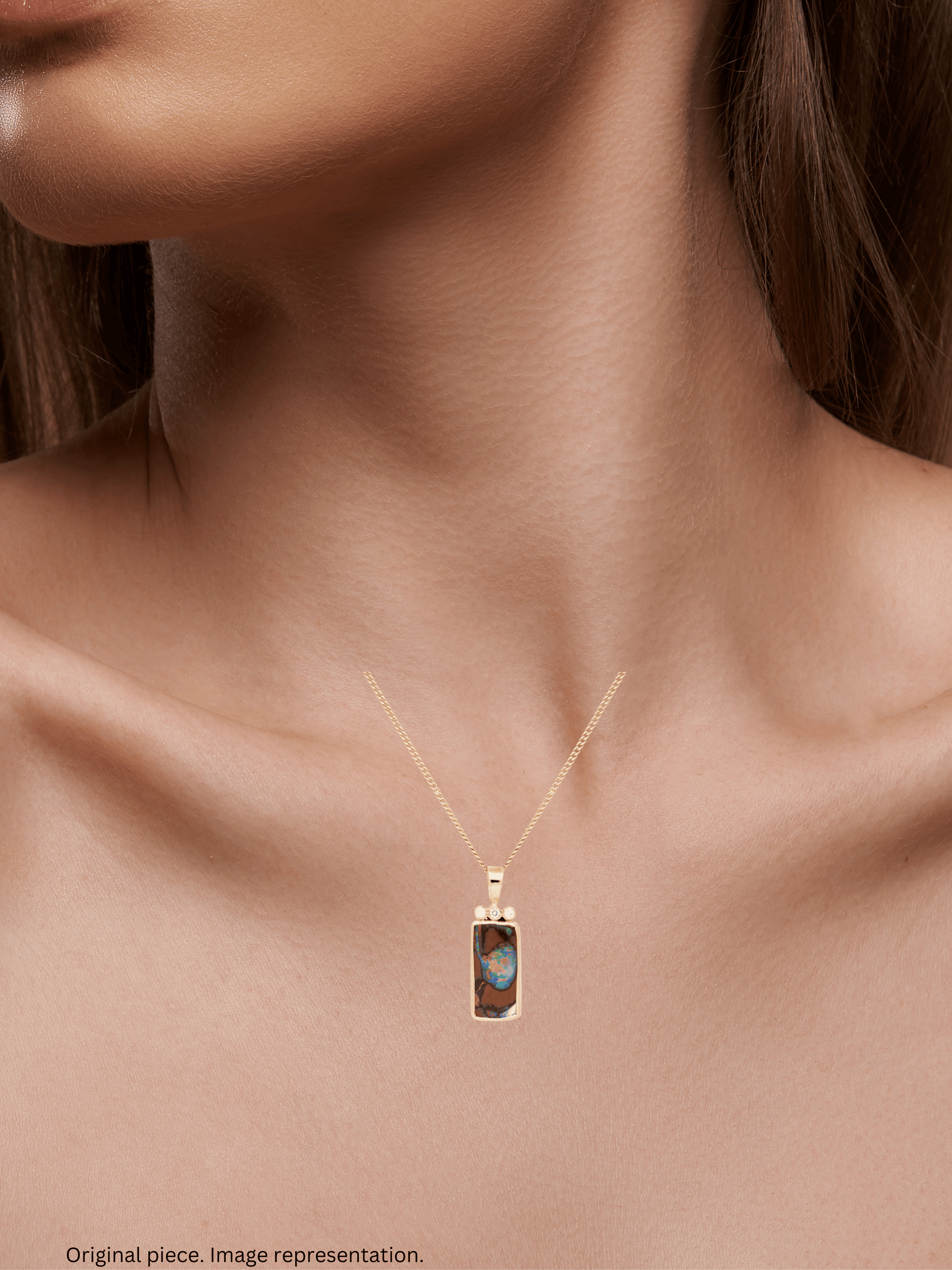 Australian Boulder Opal Diamonds Yellow Gold Pendant on model