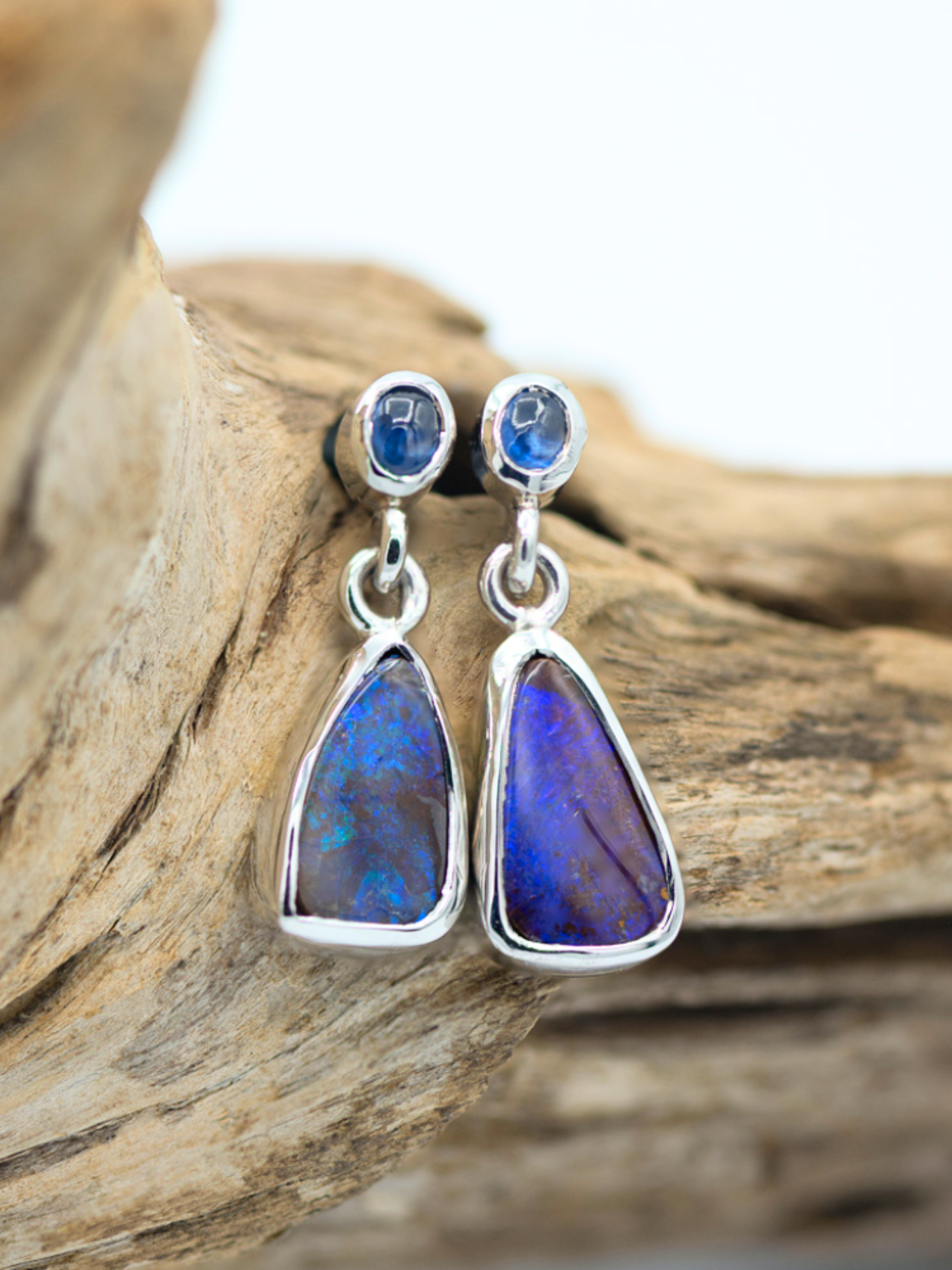 Australian Boulder Opal Drop Earrings with Blue Cabochon Sapphires