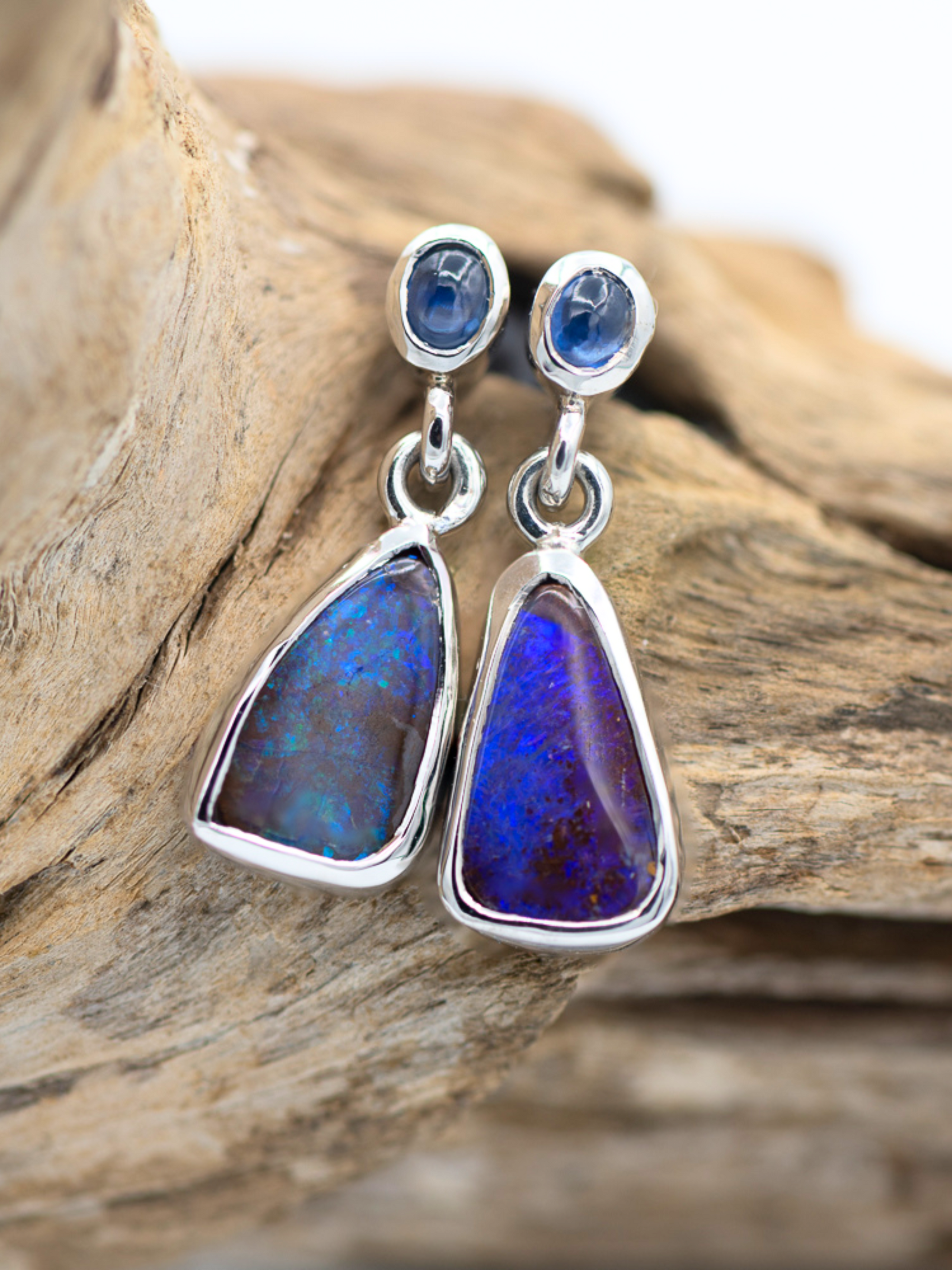 Australian Boulder Opal Drop Earrings with Blue Cabochon Sapphires 