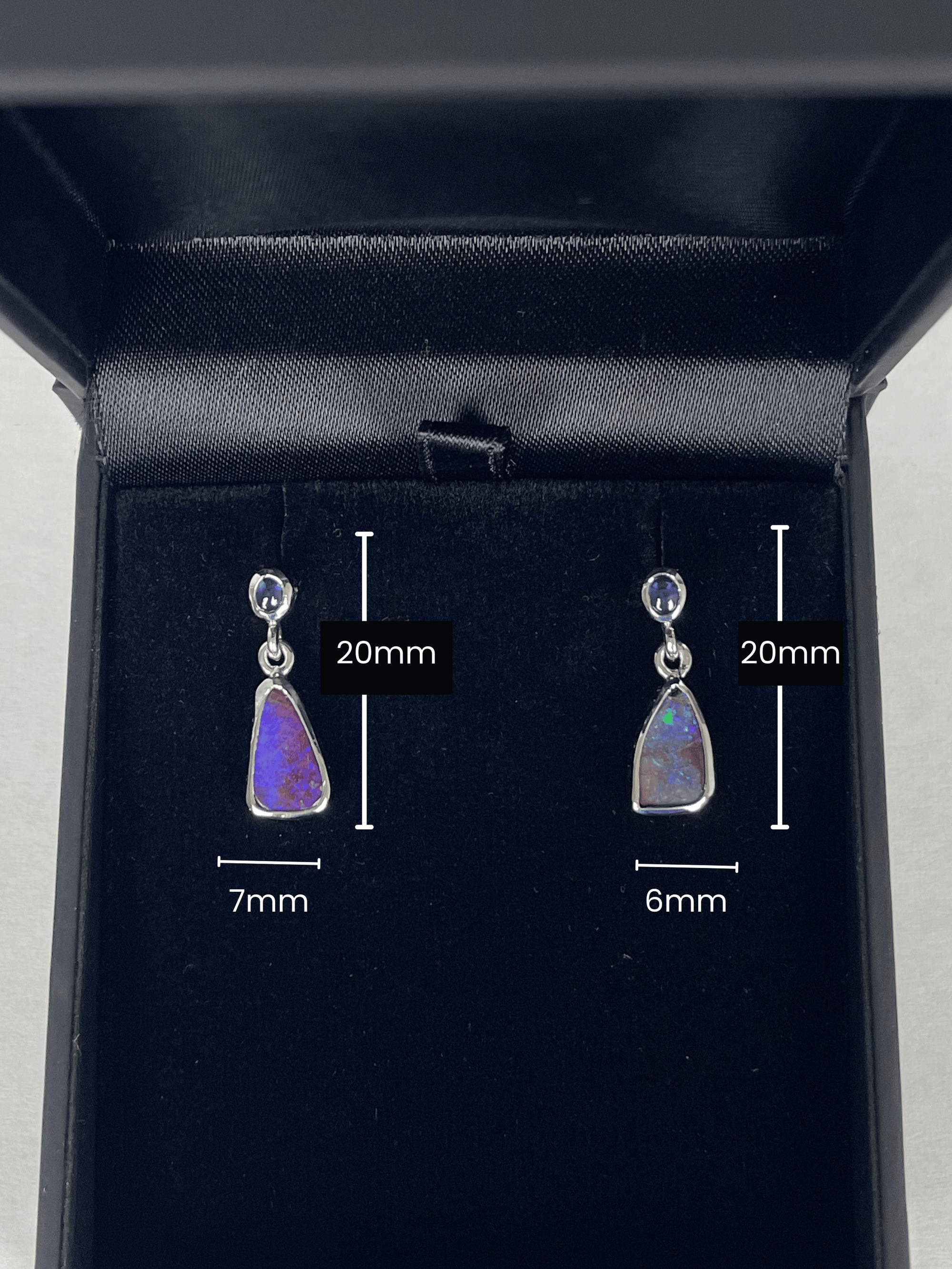 Australian Boulder Opal Drop Earrings with Blue Cabochon Sapphires measurements