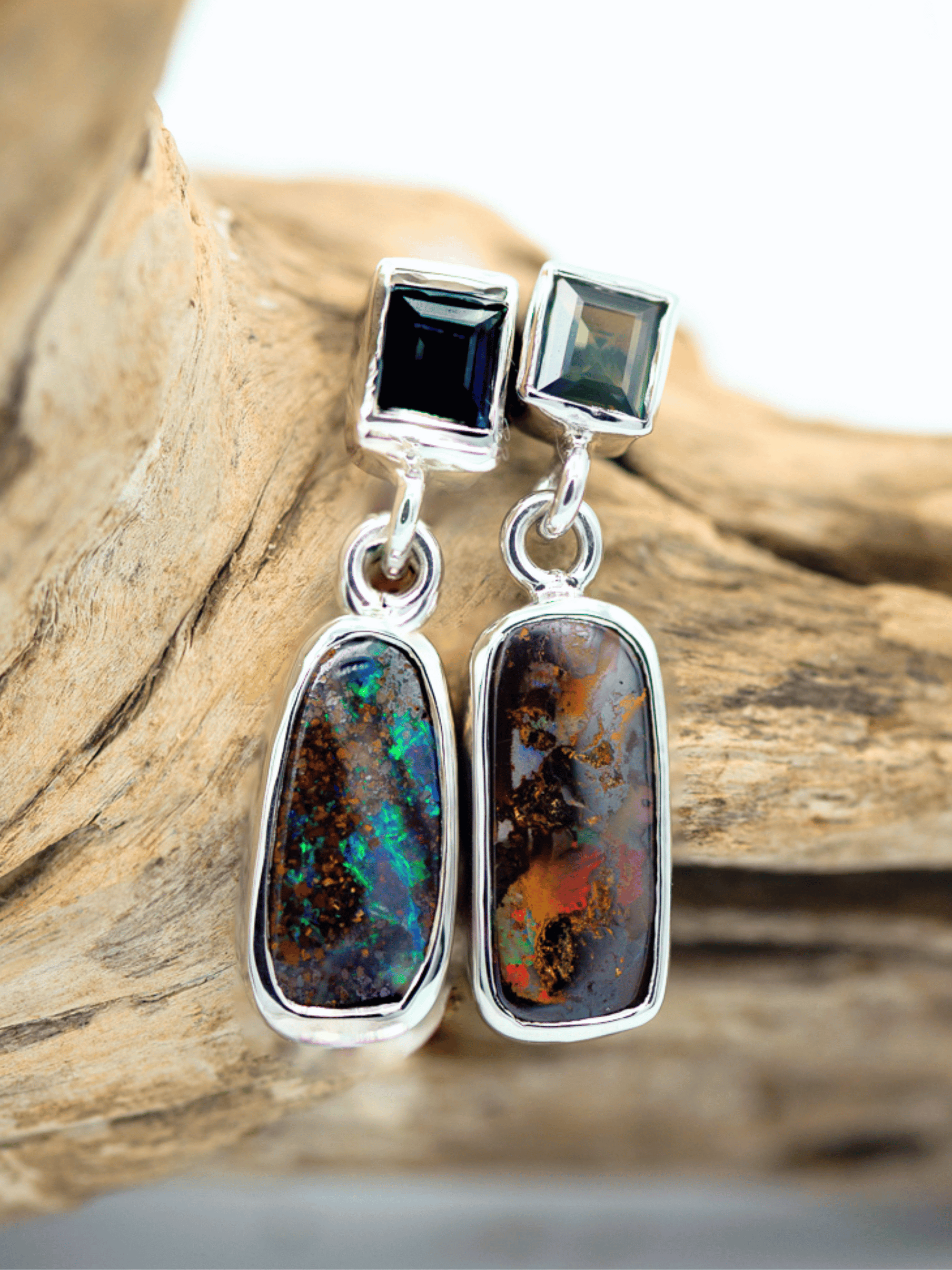 Australian Boulder Opal Drop Silver Earrings with Baguette Sapphires