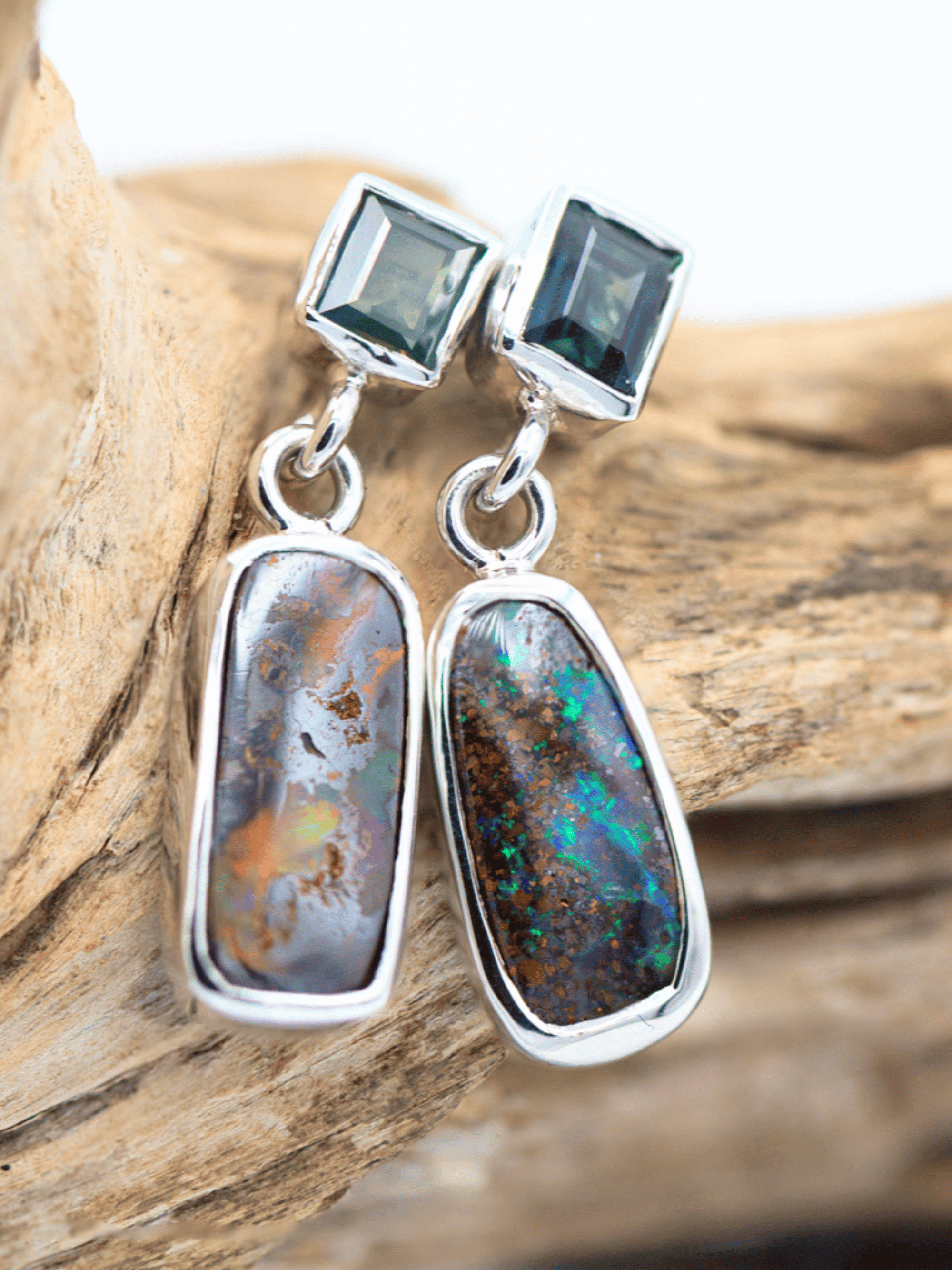Australian Boulder Opal Drop Silver Earrings with Baguette Sapphires