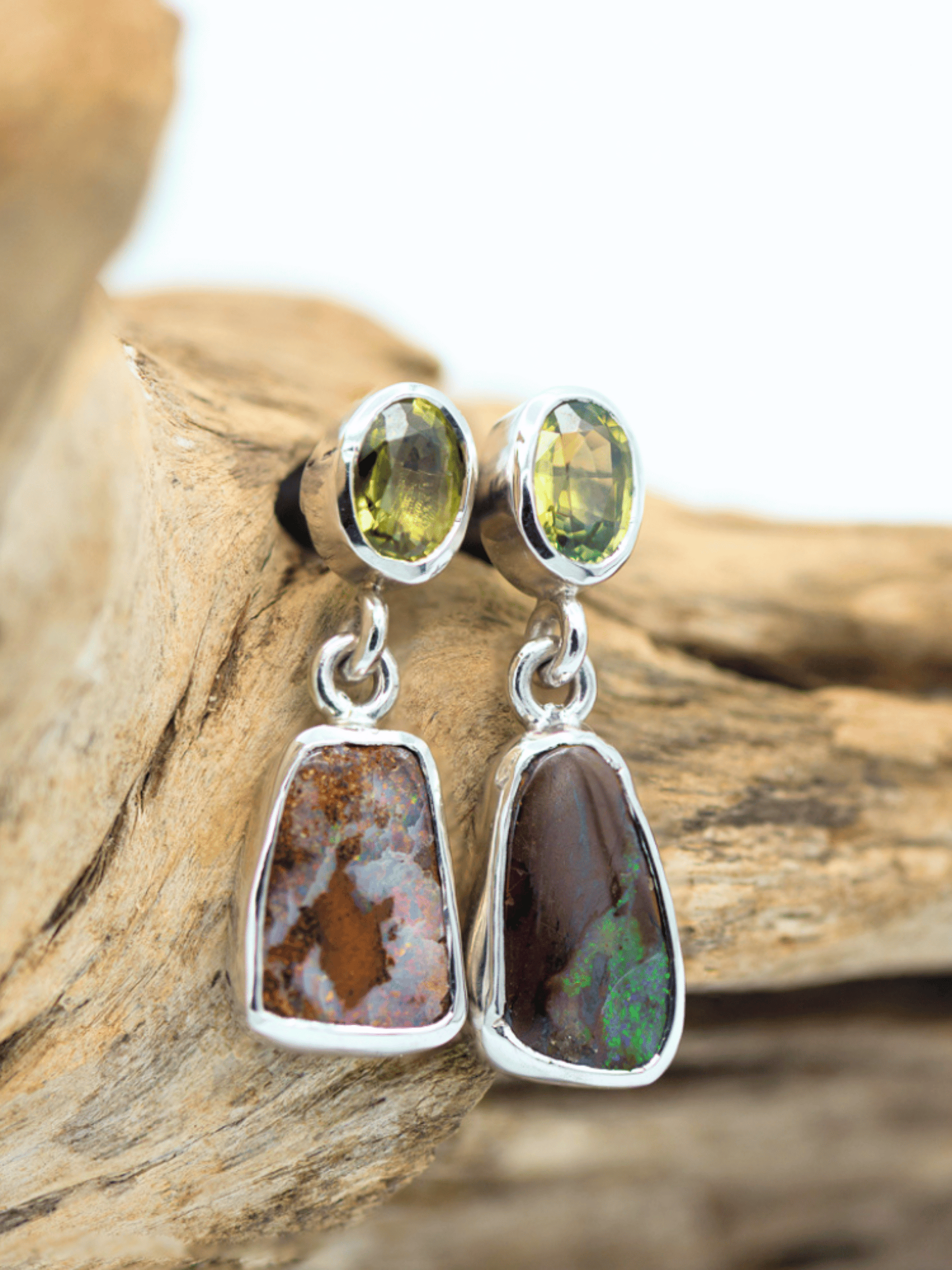 Australian Boulder Opal Drop Silver Earrings with Oval Sapphires