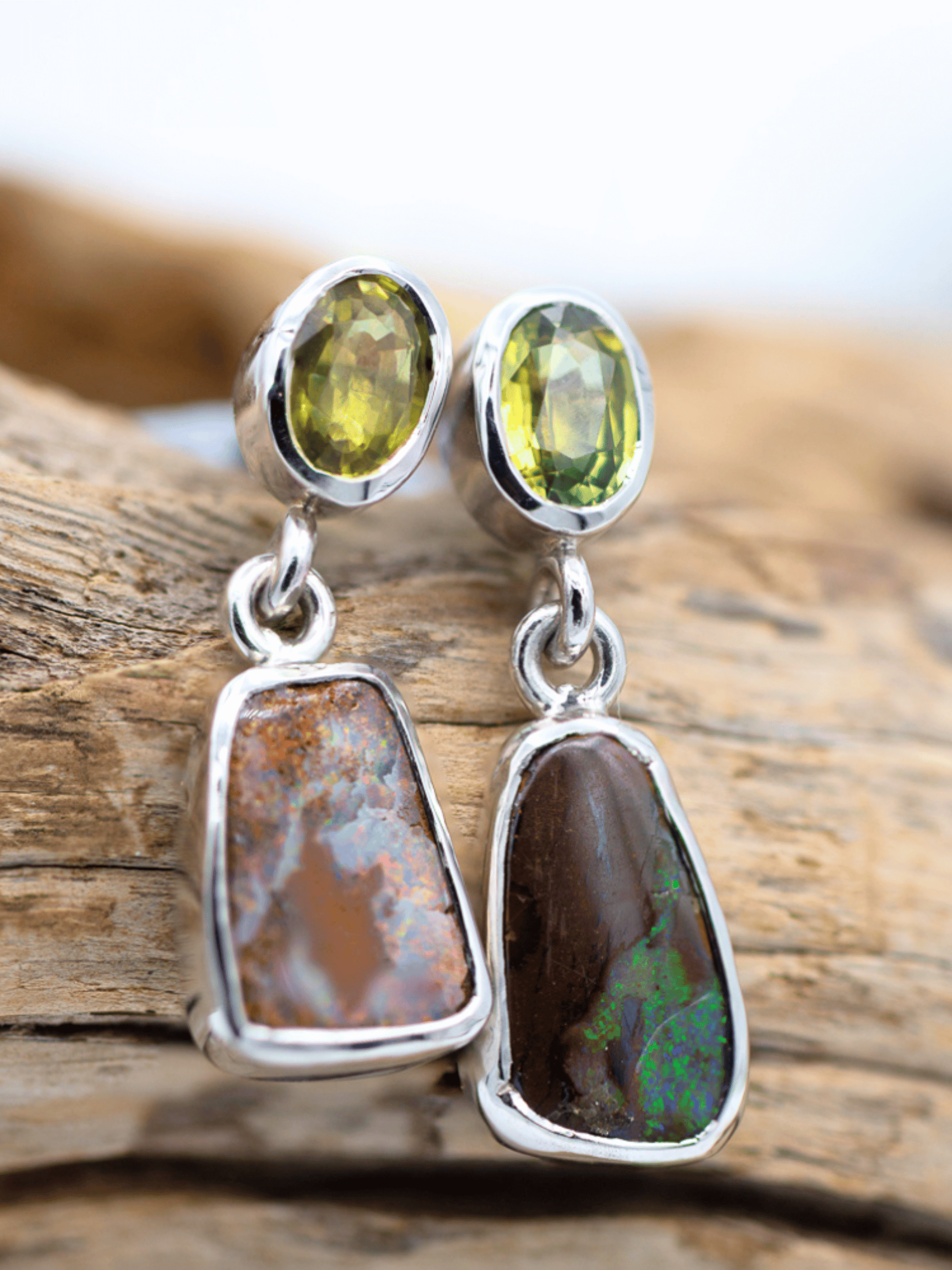 Australian Boulder Opal Drop Silver Earrings with Oval Sapphires1