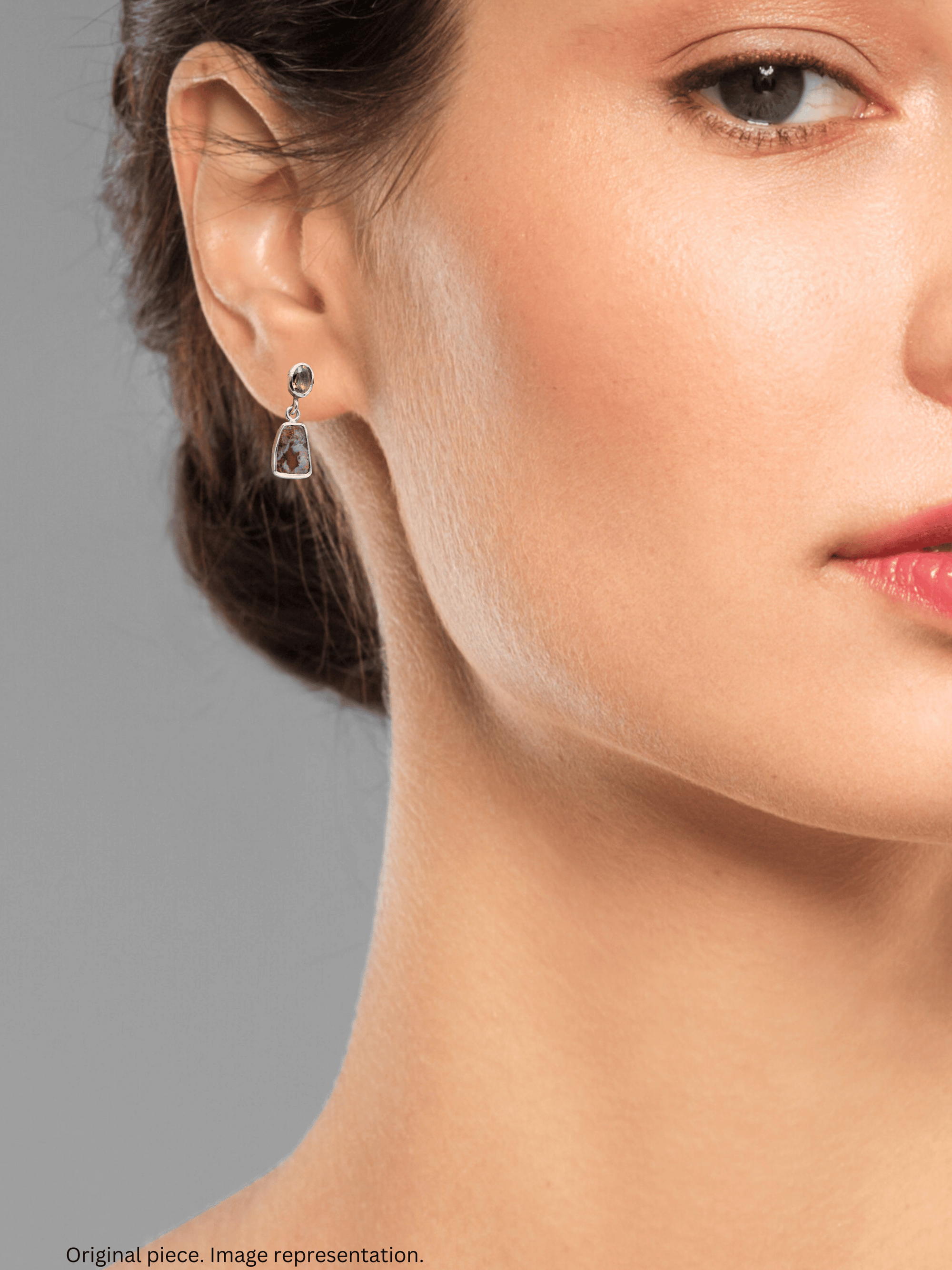 Australian Boulder Opal Drop Silver Earrings with Oval Sapphires on model