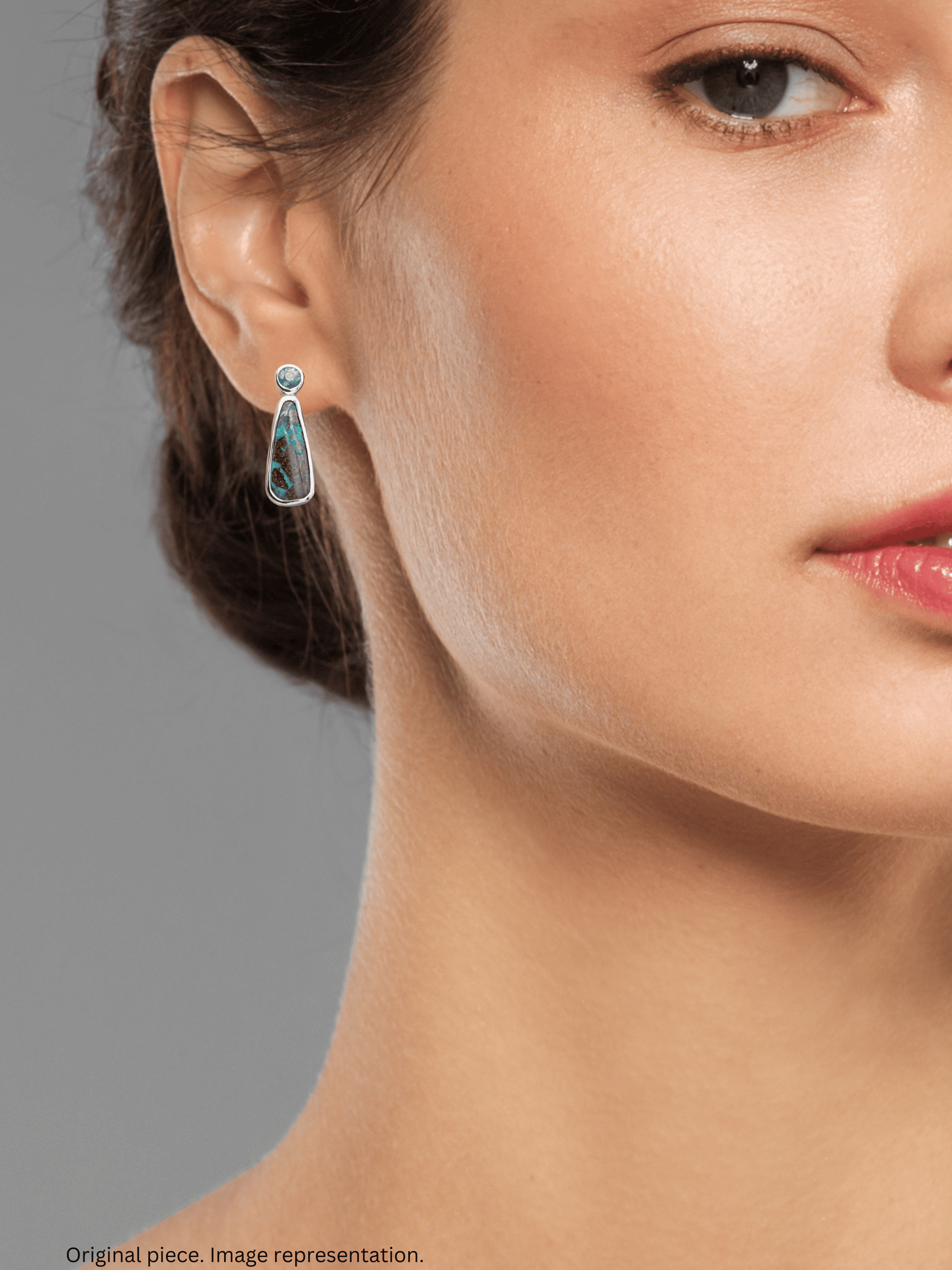 Australian Boulder Opal Fixed Pear Drop Silver Earrings with Pale Blue Sapphires model