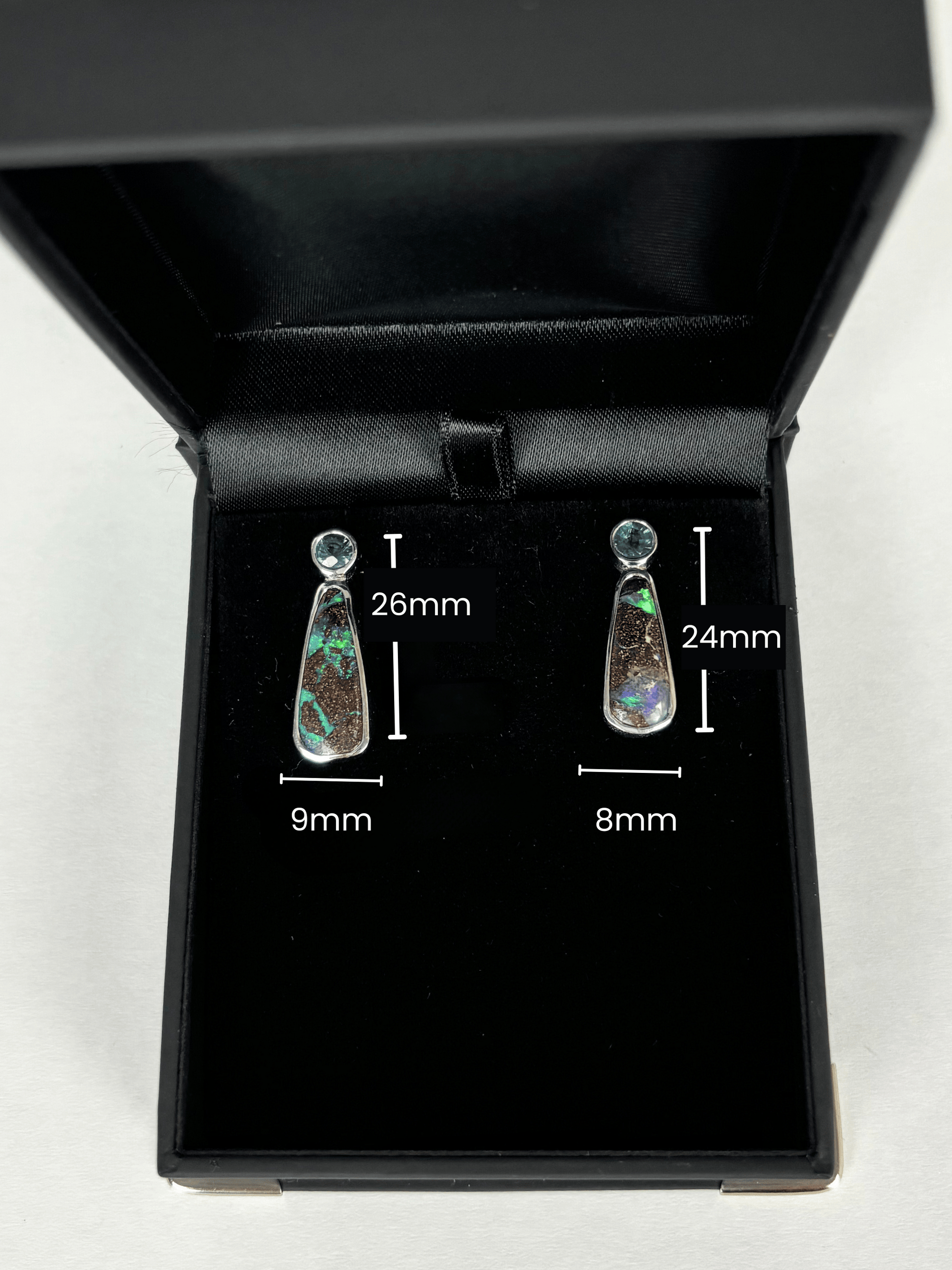 Australian Boulder Opal Fixed Pear Drop Silver Earrings with Pale Blue Sapphires measurements