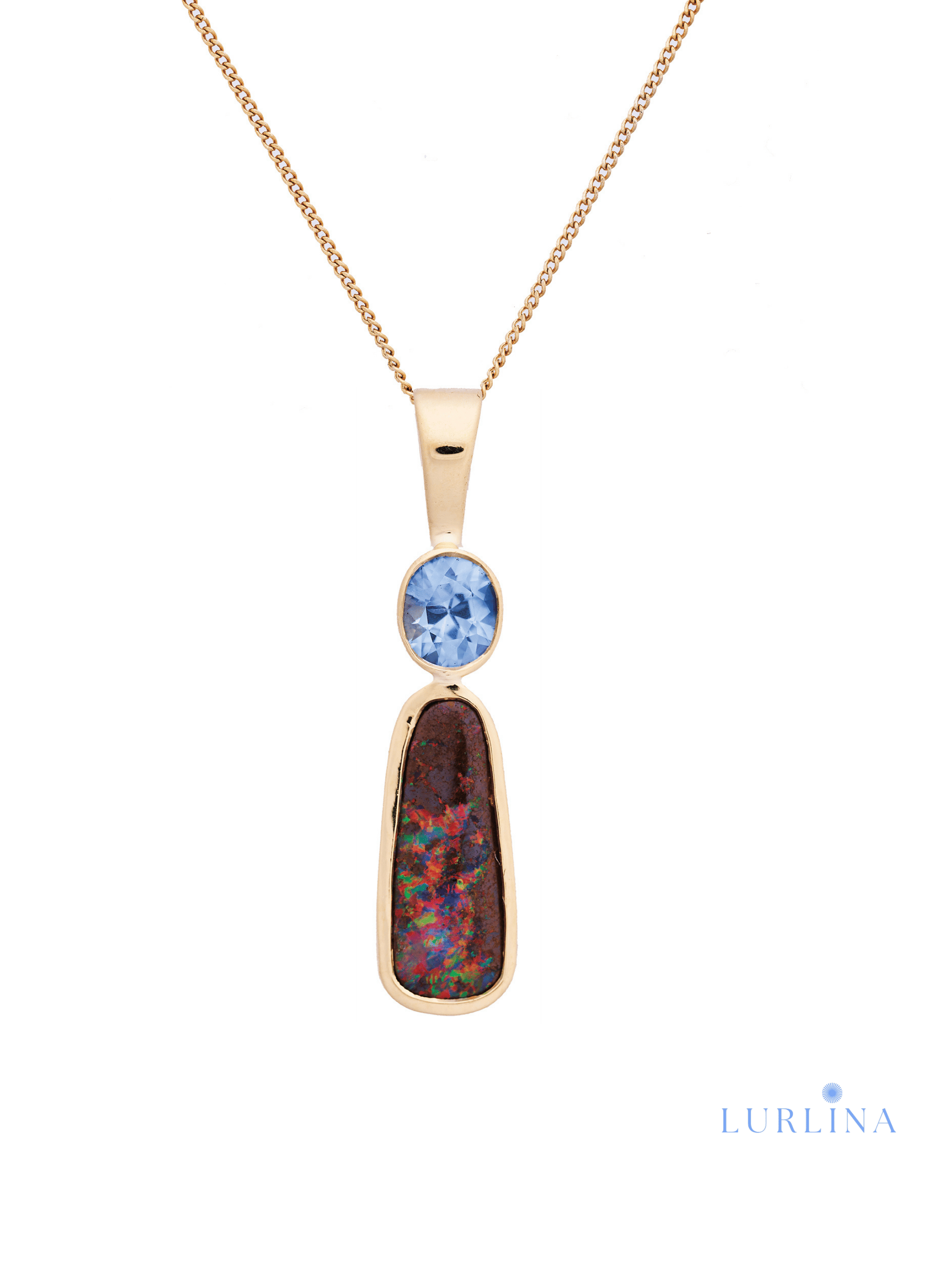 Australian Boulder Opal Pale Blue Sapphire Yellow Gold 18k Pendant