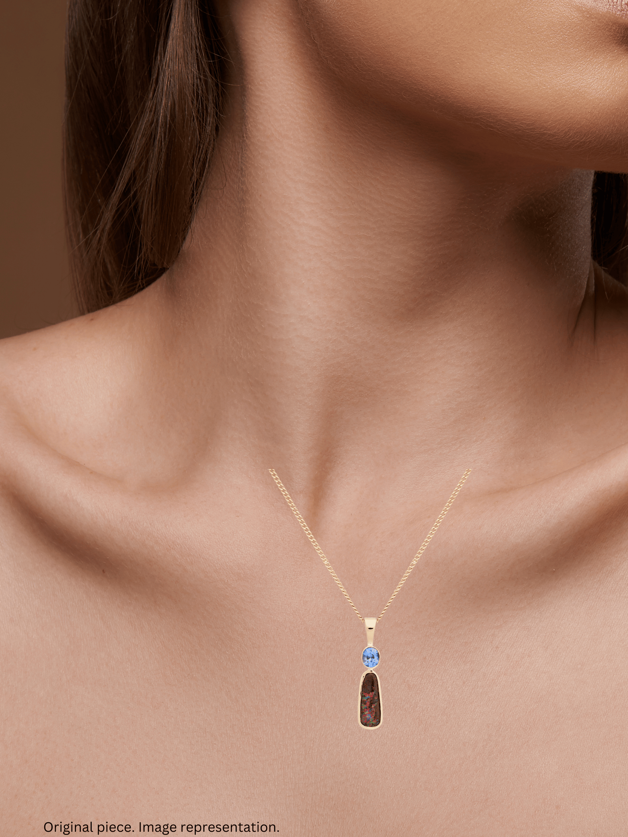 Australian Boulder Opal Pale Blue Sapphire Yellow 18k Gold Pendant on model