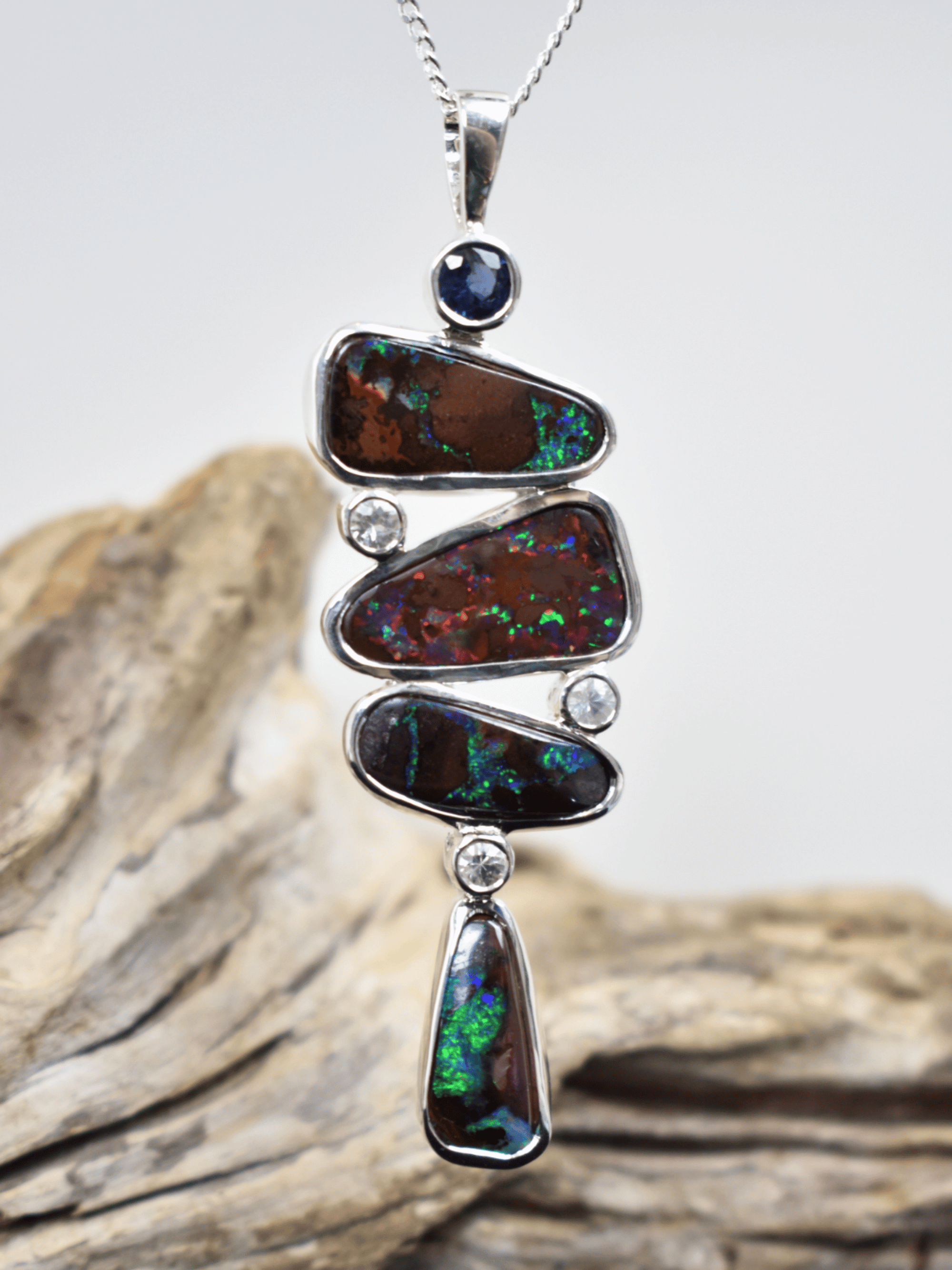 Australian Boulder Opal Queensland Sapphire Silver Pendant