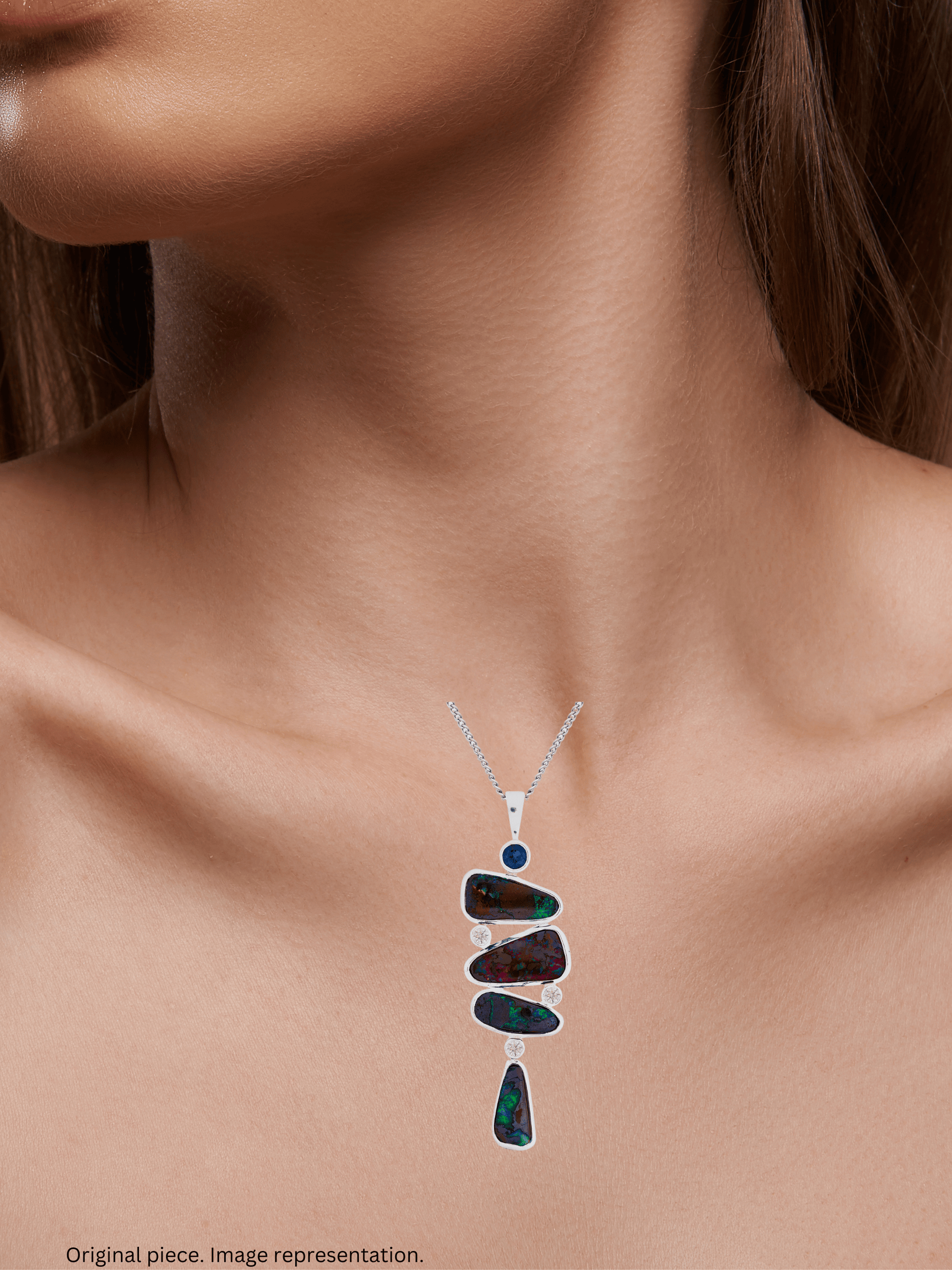 Australian Boulder Opal Queensland Sapphire Silver Pendant on model