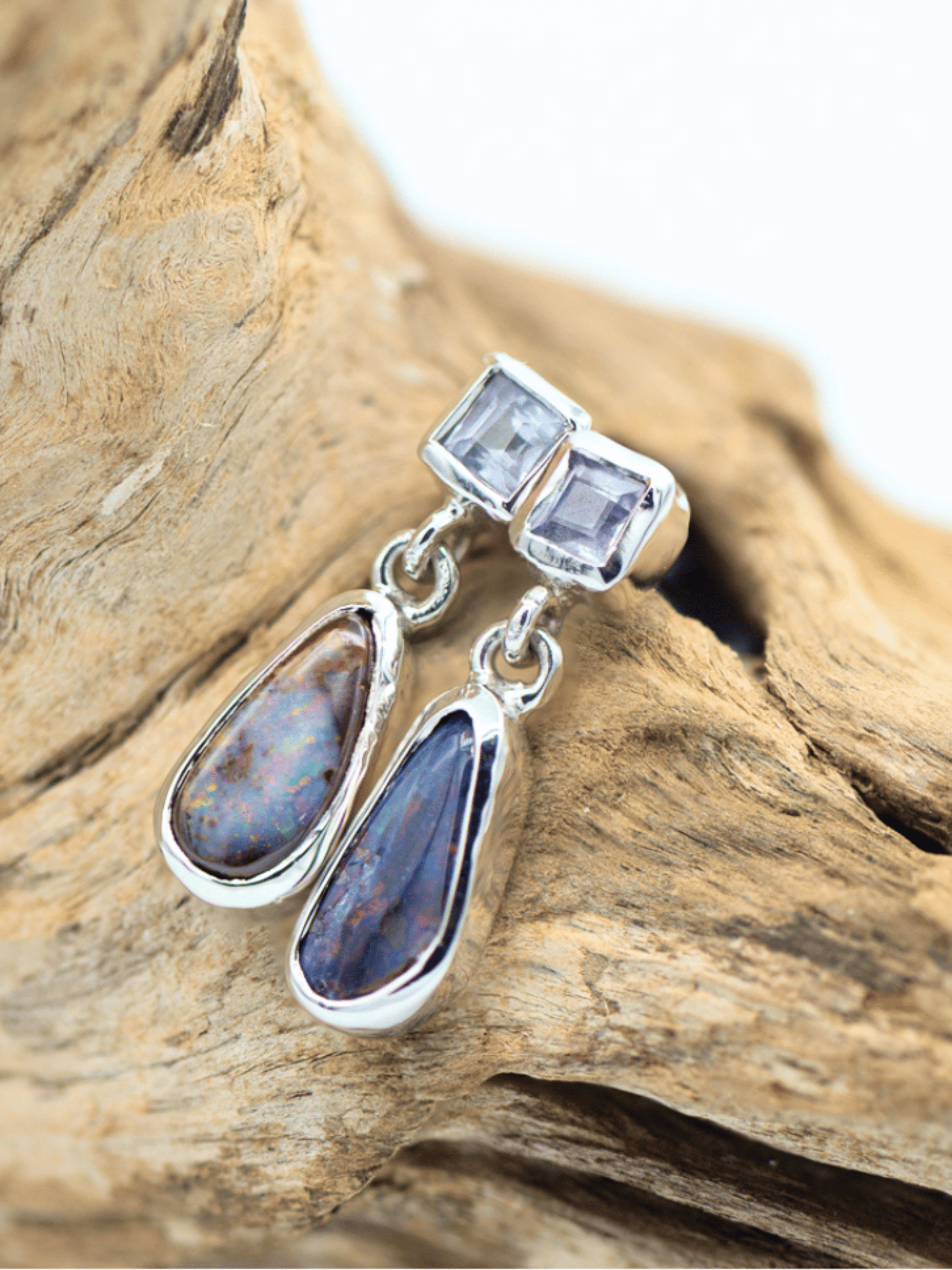 Australian Boulder Opal Silver Pear Earrings with White Sapphires