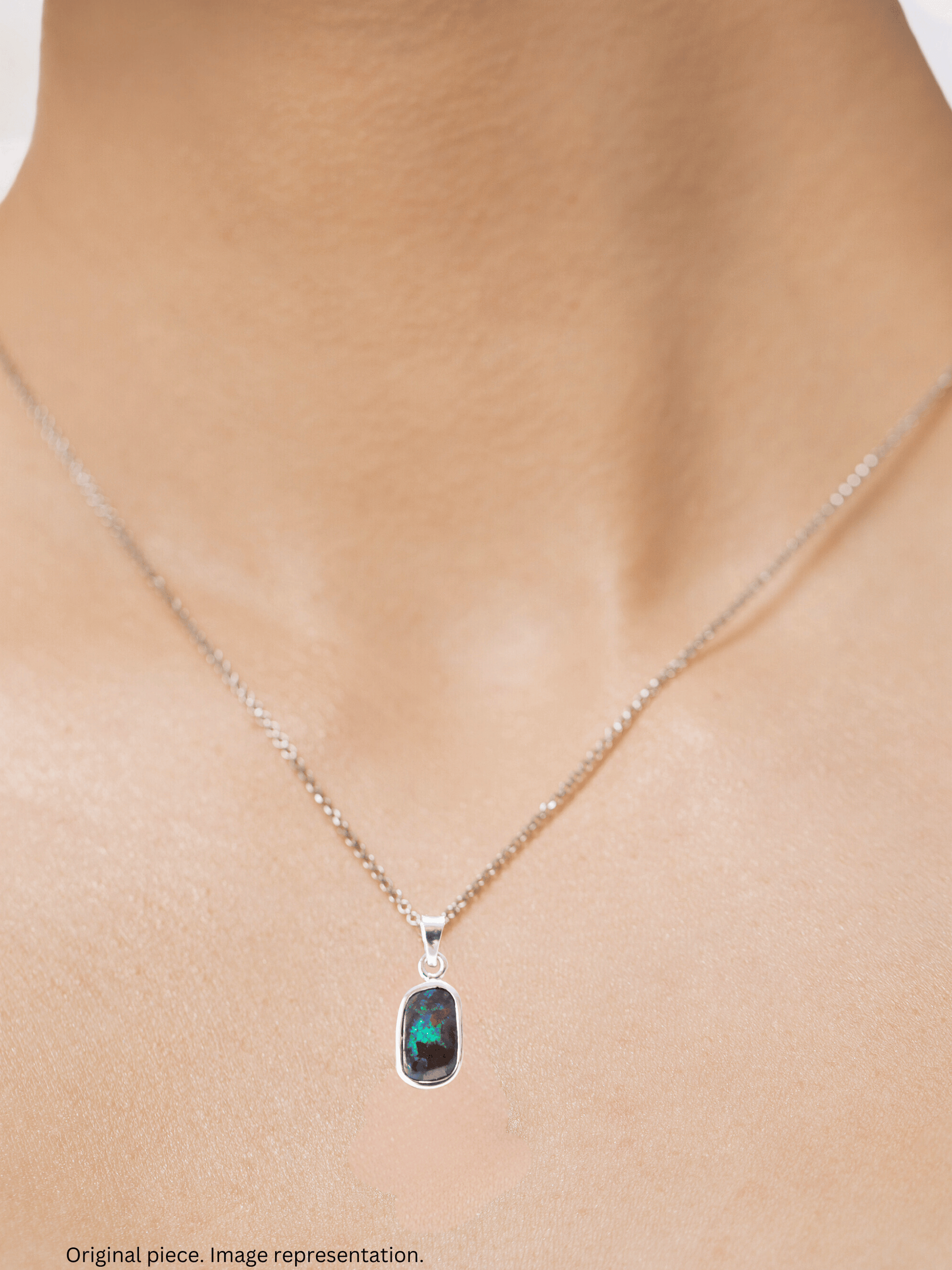 Australian Boulder Opal Silver Pendant on model