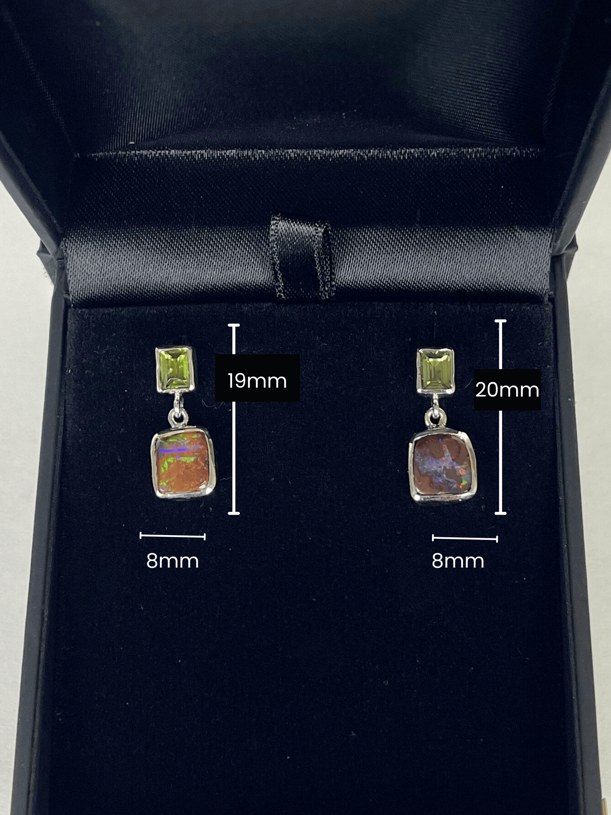 Australian Boulder Opal Square Drop Silver Earrings with Green Sapphires measurements