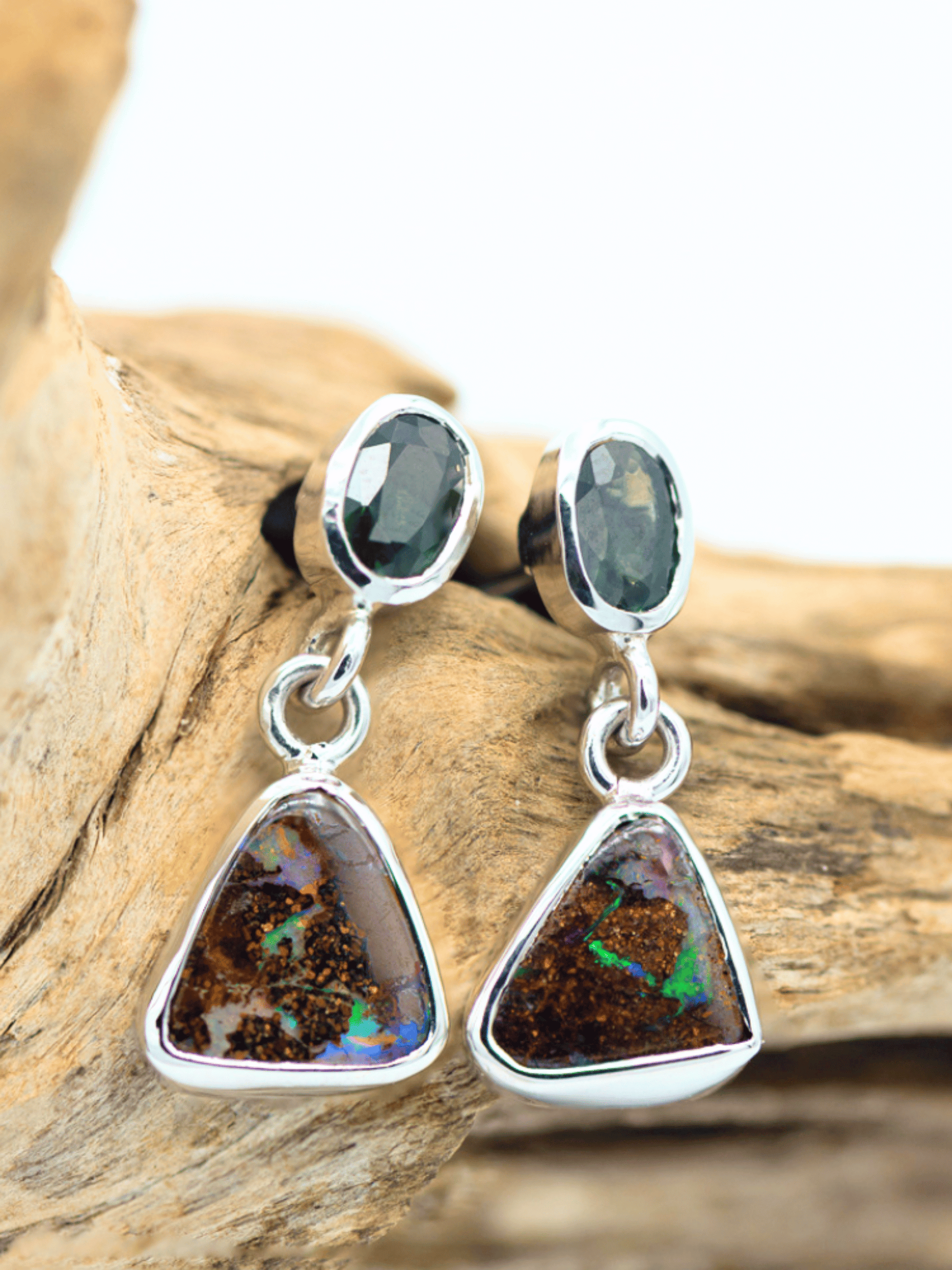 Australian Boulder Opal Triangle Drop Silver Earrings with Sapphires