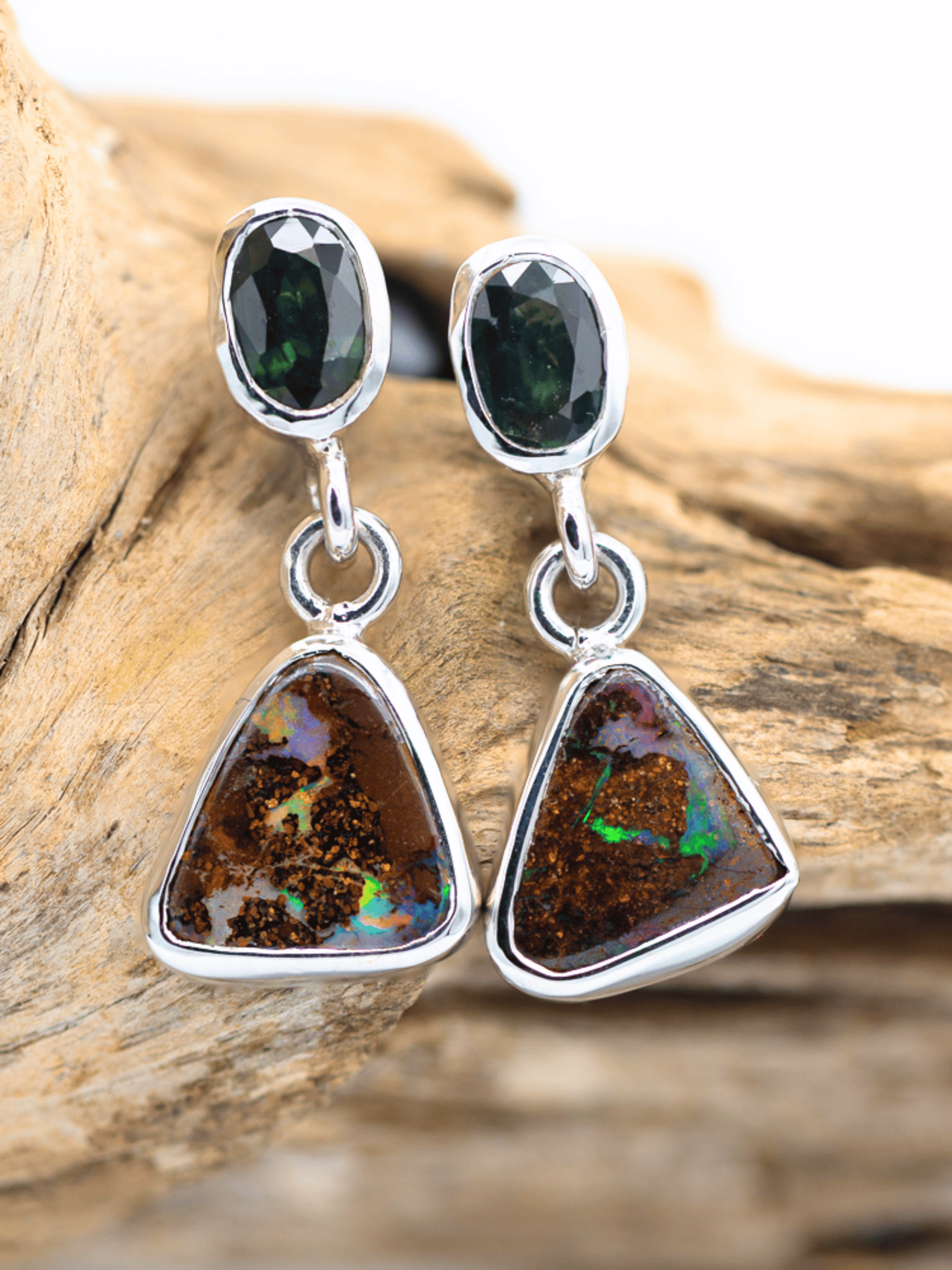 Australian Boulder Opal Triangle Drop Silver Earrings with Sapphires