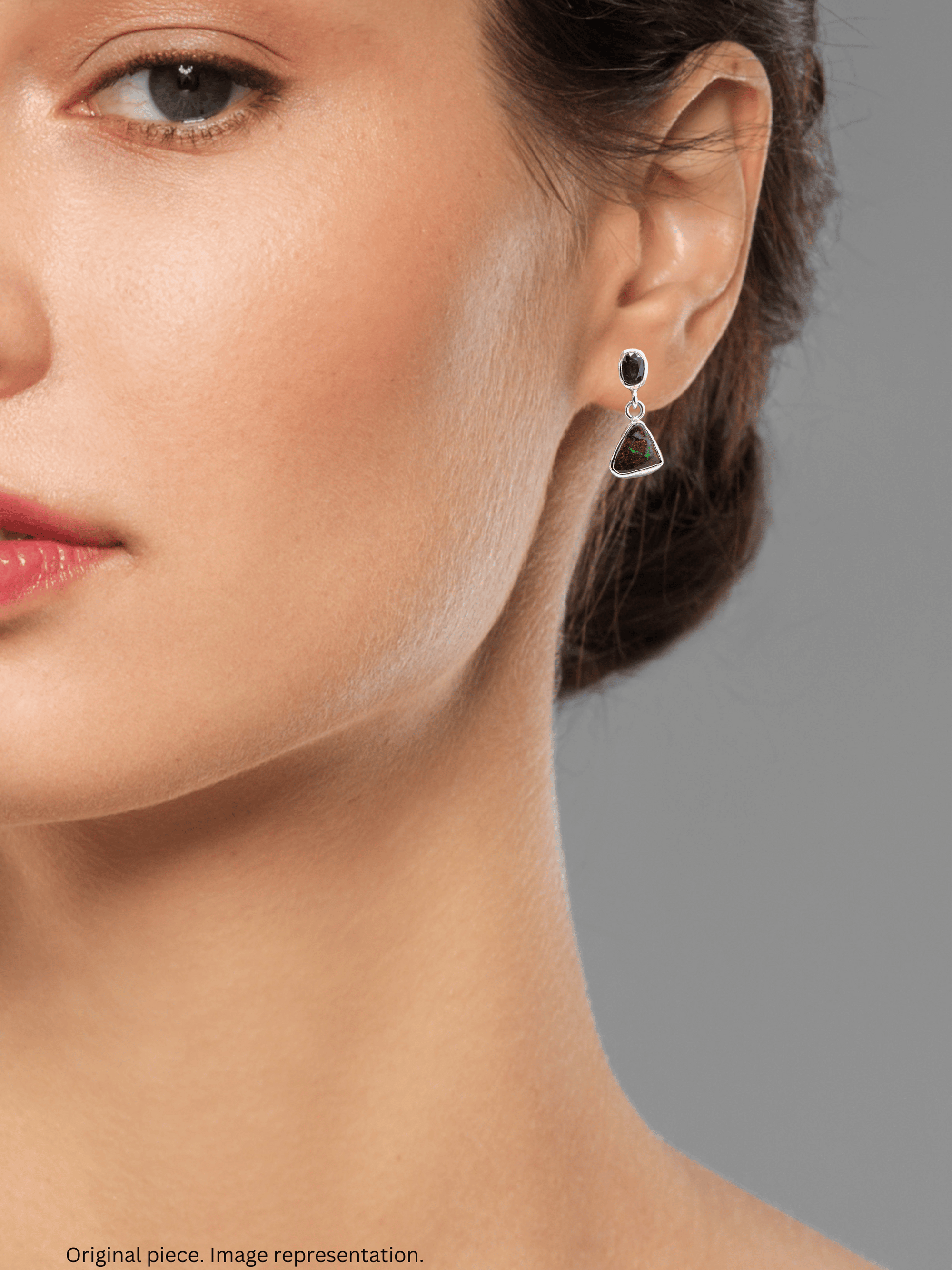 Australian Boulder Opal Triangle Drop Silver Earrings with Sapphires on model