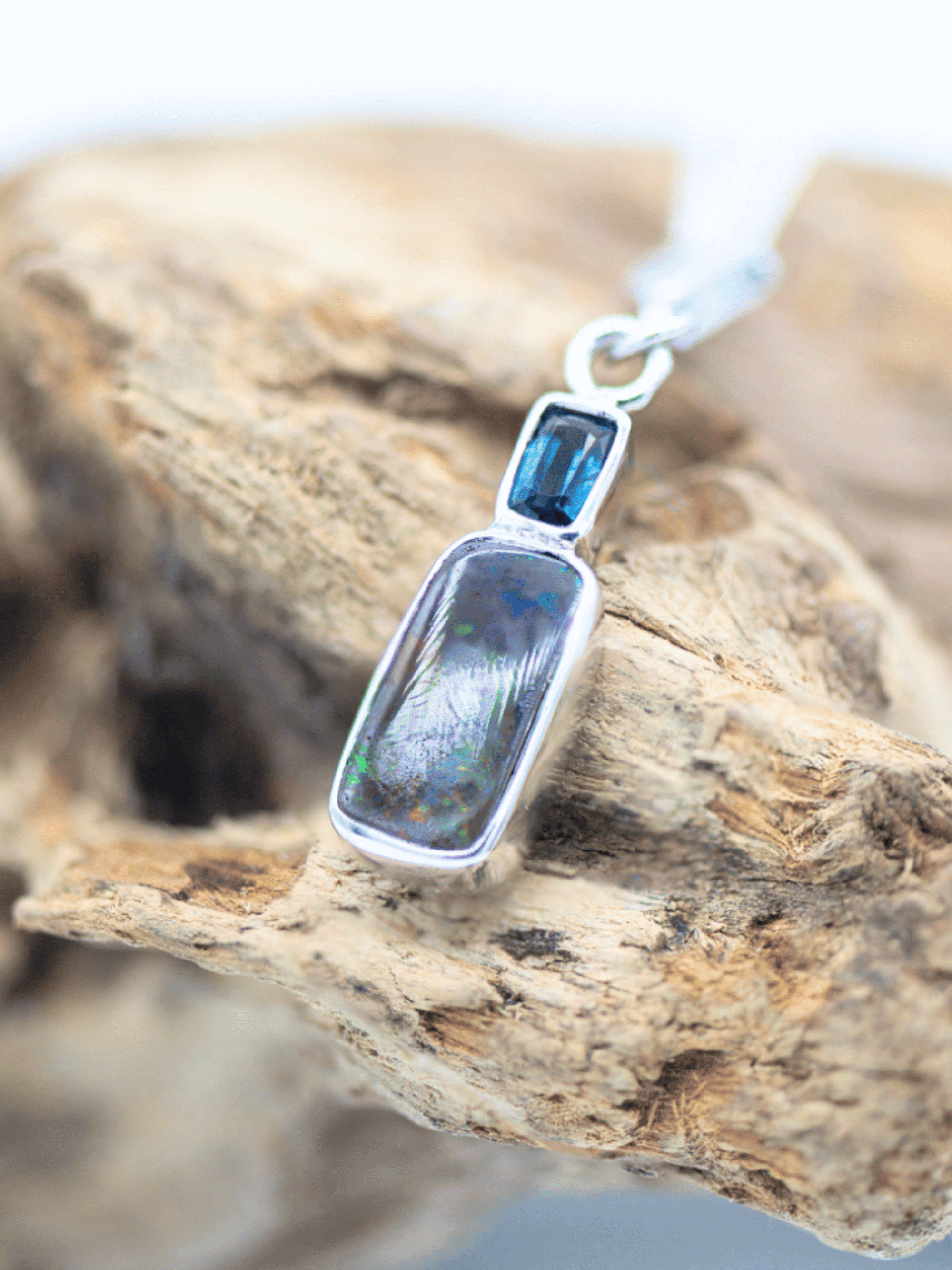 Australian Boulder Opal with Baguette Sapphire Silver Bracelet Charm