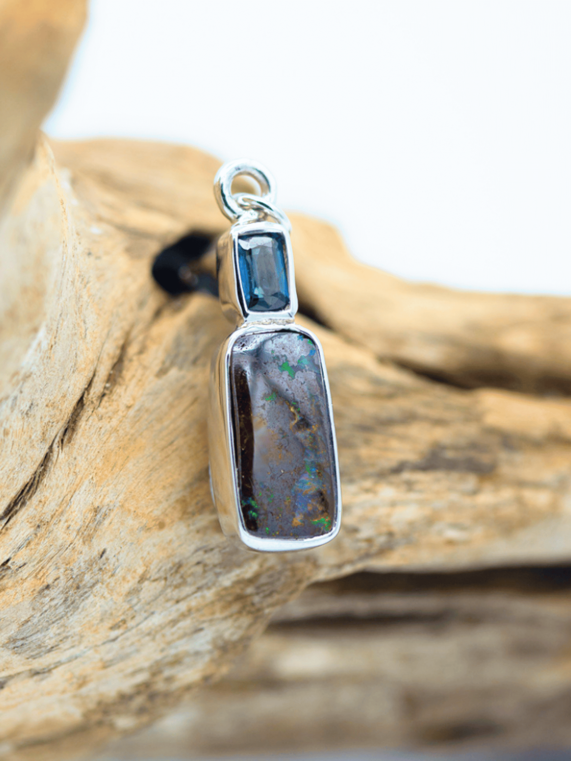 Australian Boulder Opal with Baguette Sapphire Silver Bracelet Charm