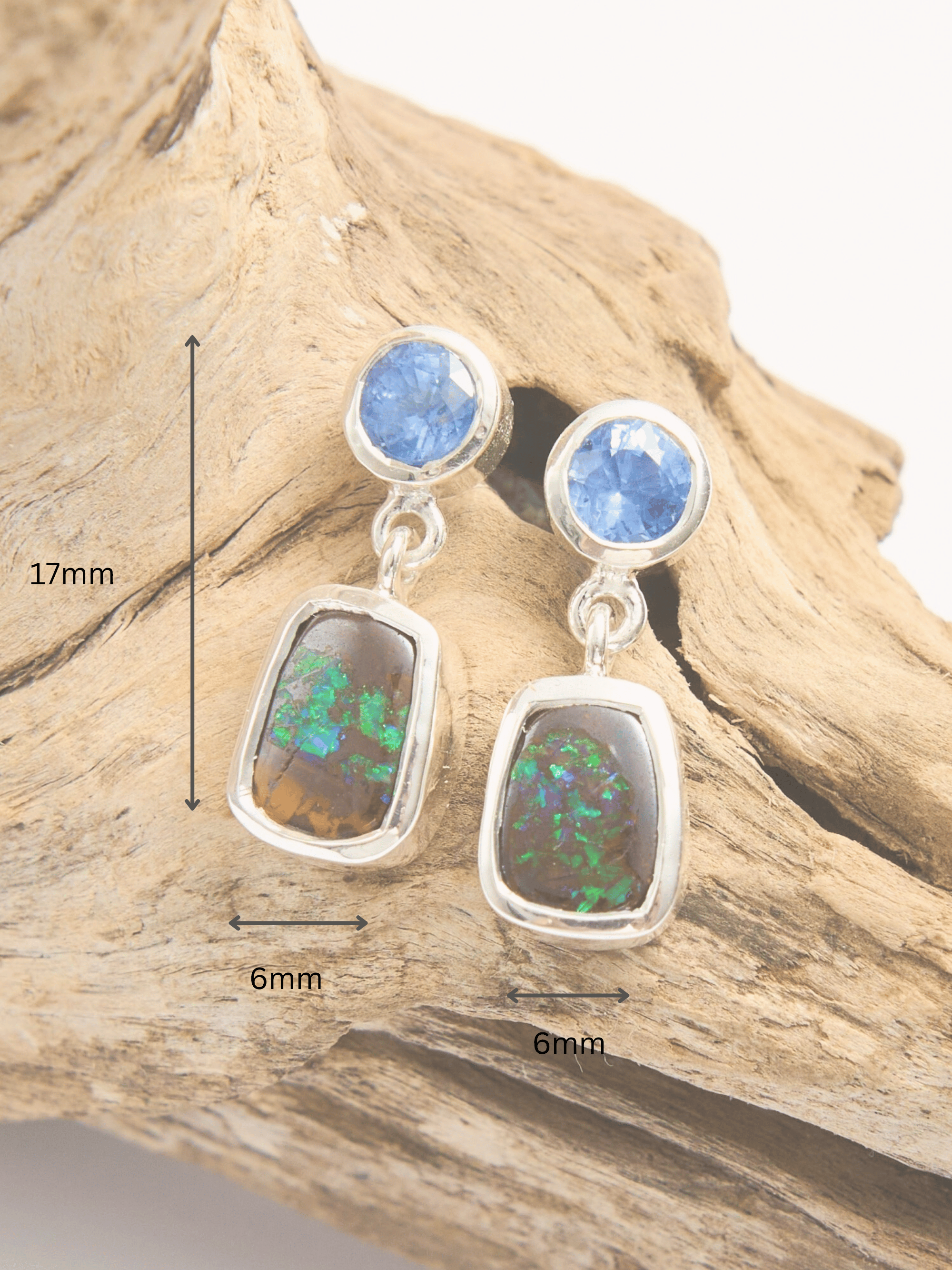 Boulder Opal and Cornflower Blue Sapphire Silver Drop Earrings