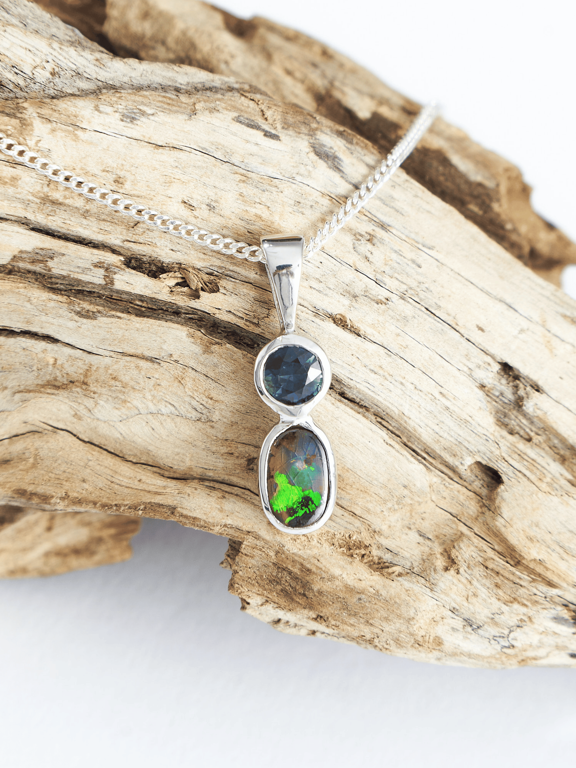 Australian Boulder Opal with Queensland Blue Sapphire Silver Pendant