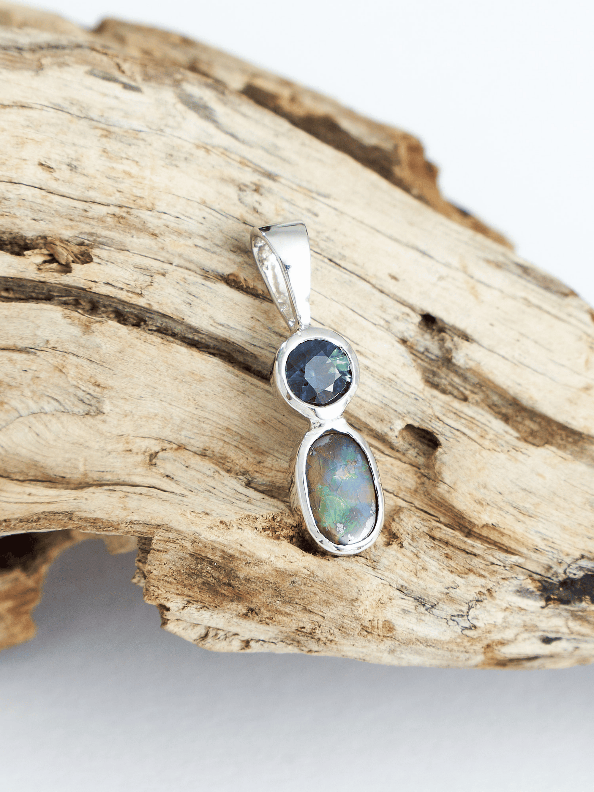 Australian Boulder Opal with Queensland Blue Sapphire Silver Pendant