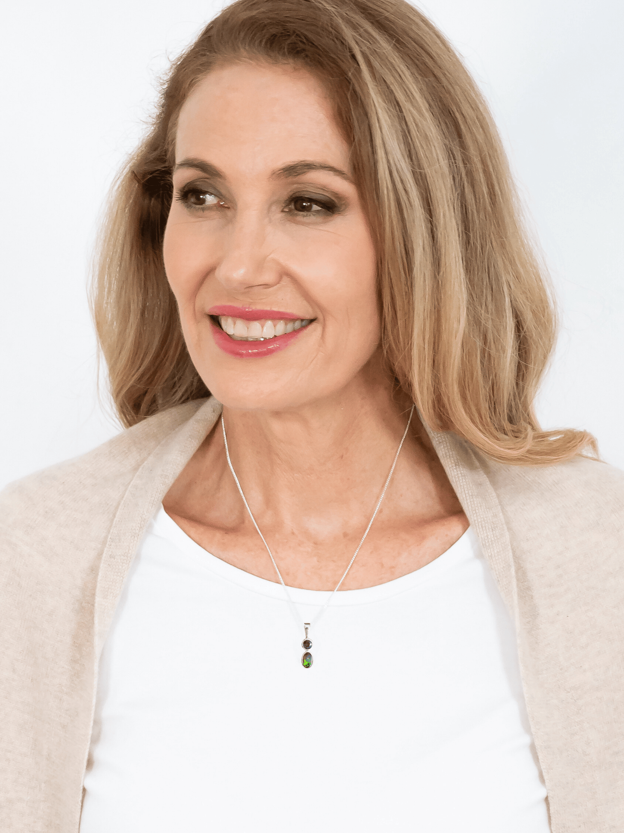 Australian Boulder Opal with Queensland Blue Sapphire Silver Pendant on model