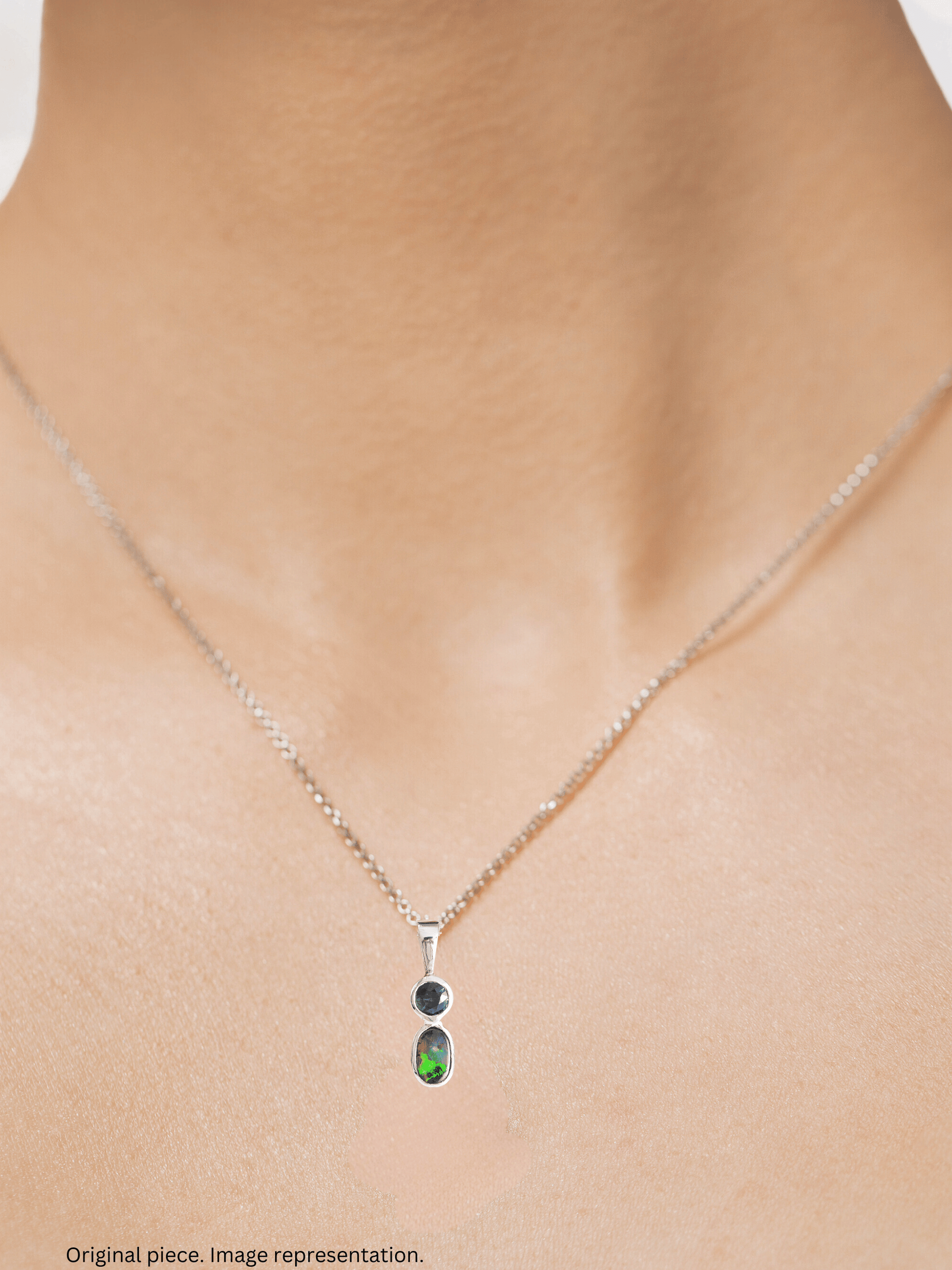Australian Boulder Opal with Queensland Blue Sapphire Silver Pendant on model