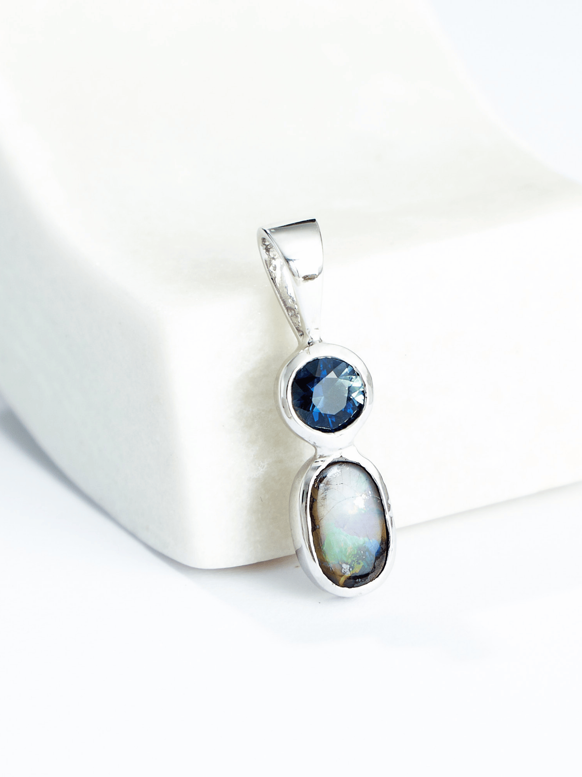 Australian Boulder Opal with Queensland Blue Sapphire Silver Pendant